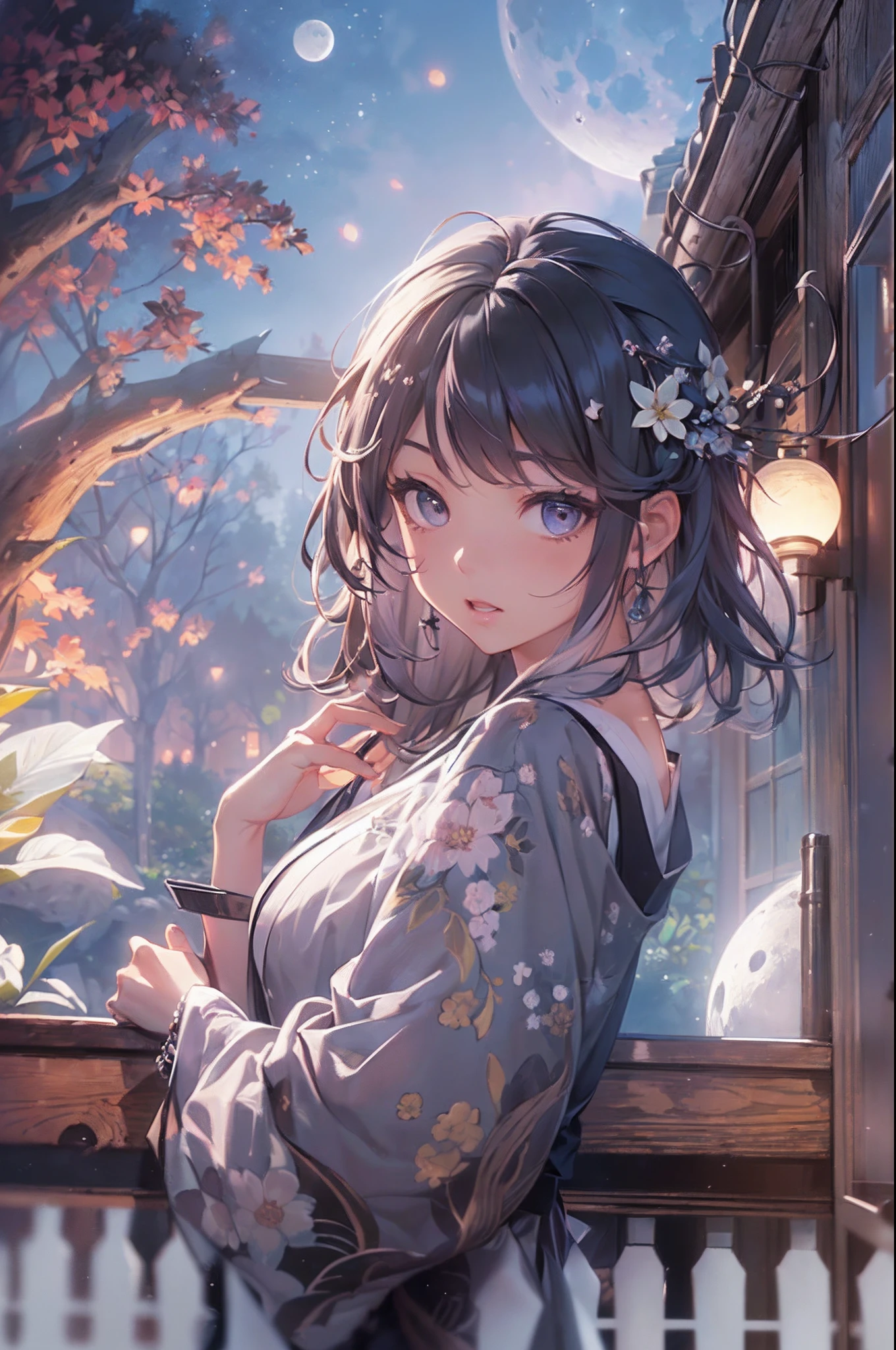 (Official art、Best Quality、Unity 8k Wallpapers、32K、masterpiece、ultra-detailliert、超A high resolution、realisitic、Photorealsitic:1.2)、(Cinematic lighting:1.2)、Fireglow effect、film grains、Best Shadows、Rim lighting、side lights、(Ultra-detailed and complex 3D rendering)、Detailed beautiful face and eyes、A slender、Medium bust、(Full body:1.2)、(sideshot、Looking up at the moon、Looking away:1.2)、Highly detailed background、beauitful face、blurry backround、a beauty girl、(super detailed skin、detailed skin textures:1.3)、Japan garden、cowboy shot、Sit on the porch、One full moon in the sky、Moon、dumpling、