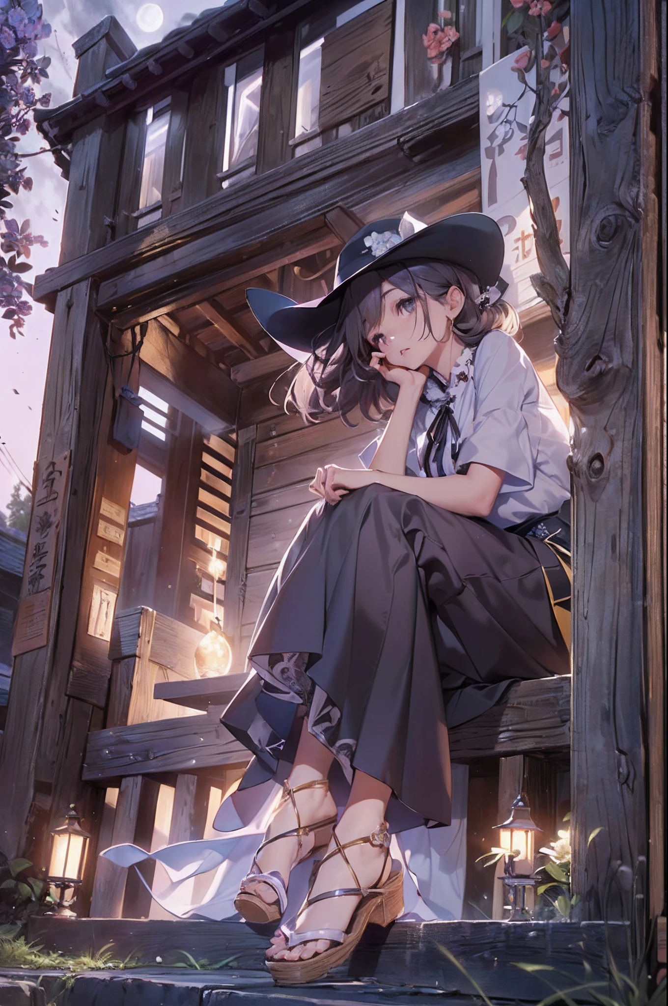 (Official art、Best Quality、Unity 8k Wallpapers、32K、masterpiece、ultra-detailliert、超A high resolution、realisitic、Photorealsitic:1.2)、(Cinematic lighting:1.2)、Fireglow effect、film grains、Best Shadows、Rim lighting、side lights、(Ultra-detailed and complex 3D rendering)、Detailed beautiful face and eyes、A slender、Medium bust、(Full body:1.2)、(sideshot、Looking up at the moon、Looking away:1.2)、Highly detailed background、beauitful face、blurry backround、a beauty girl、(super detailed skin、detailed skin textures:1.3)、Japan garden、cowboy shot、Sit on the porch、One full moon in the sky、Moon、dumpling、