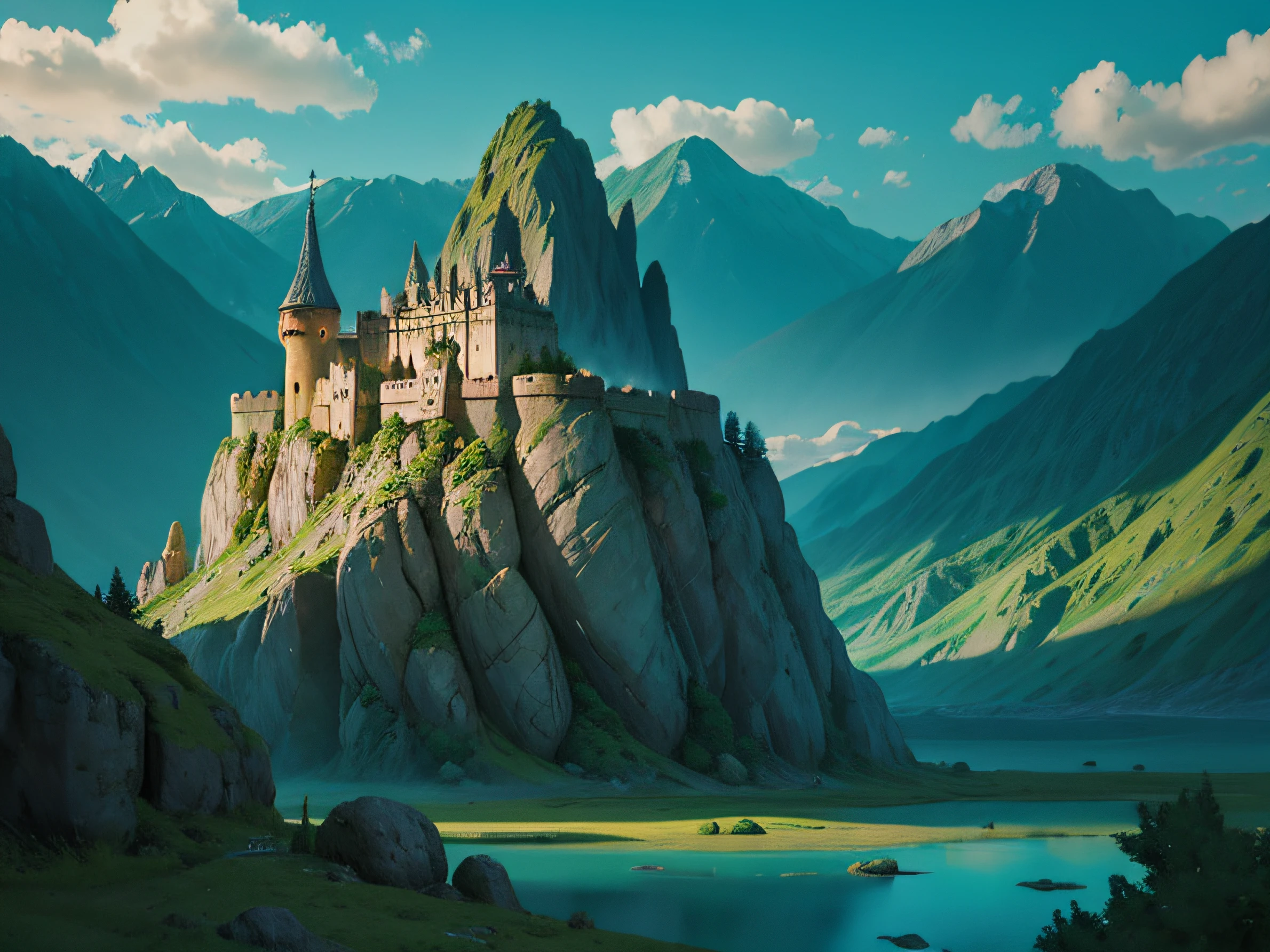 paisaje de fantasia, Mountains, un largo sendero que llega a un castillo, dibujos animados de alta definicion, realista, iluminacion profesional --auto