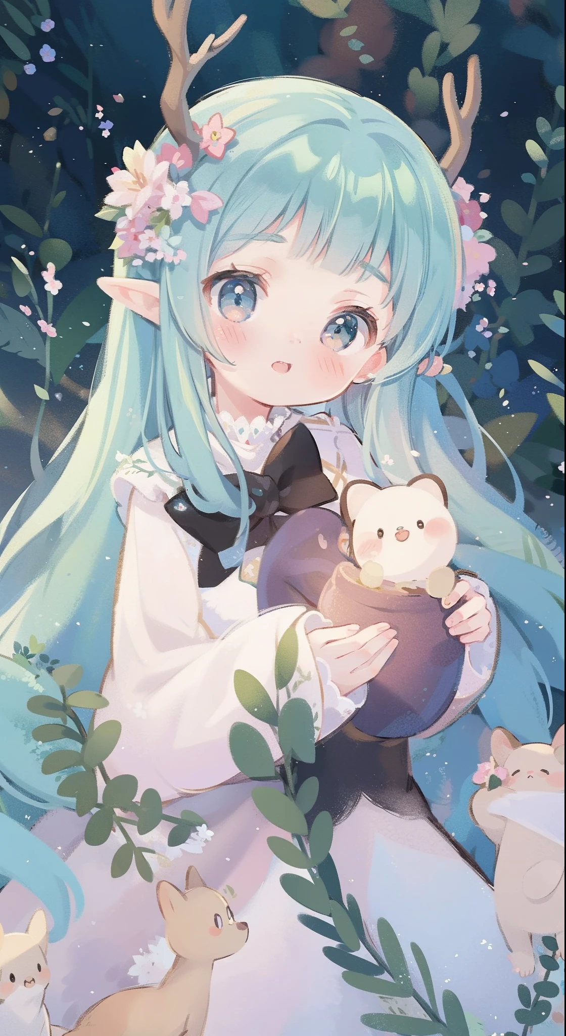 high high quality，tmasterpiece，Delicate facial features，Delicate hair，Delicate eyes，Delicate hair，animemanga girl，deer antlers，Black color hair，florals, Dreamy style, Fantastic flower garden，fantasy style clothing,Romantic dress,  beautiful and elegant elf queen, a beautiful fantasy empress, Fantasy art style, ((a beautiful fantasy empress)), Anime fantasy illustration, high priestess, fey queen of the summer forest, anime art nouveau, goddess of the forest, portrait of an elf queen, A beautiful artwork illustration，8K high quality detailed art（Delicate facial portrayal）（Fine hair depiction）（highest  quality）（Master masterpieces）（High degree of completion）（a sense of atmosphere）8k wallpaper，tmasterpiece，Best quality at best，ultra - detailed
