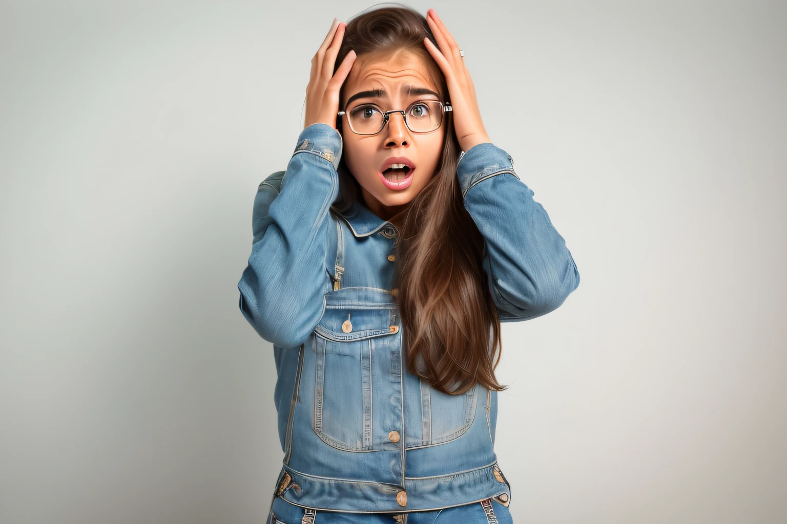 A closeup of a young woman with glasses covering her face, olhar chocado, shocked expression on her face, shocked expression, wide eyes shocked expression, scared expression, chocado, surprised expression, cara assustada, surprised expression on her face, horrified expression, the girl is scared, confused facial expression, parecendo surpreso, muito surpreso, surpreso franziu a testa, puzzled expression