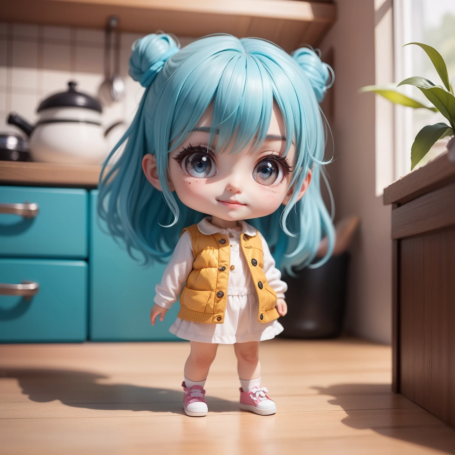 Cute Baby Chibi Anime,（（（Super masterpiece、top-quality、ultra-detailliert、1 girl in、Chibi：1.5）））、Fashionable Chibi、fashion modell、Wearing a white shirt and a long colorful gilet,espadrilles、Cute kitchen,in a house、The best smile、Looking at the camera,A detailed face、Black skin、highdetailskin、Aqua Blue Sauvage Hair、（Chibi：1.4）、
preparation