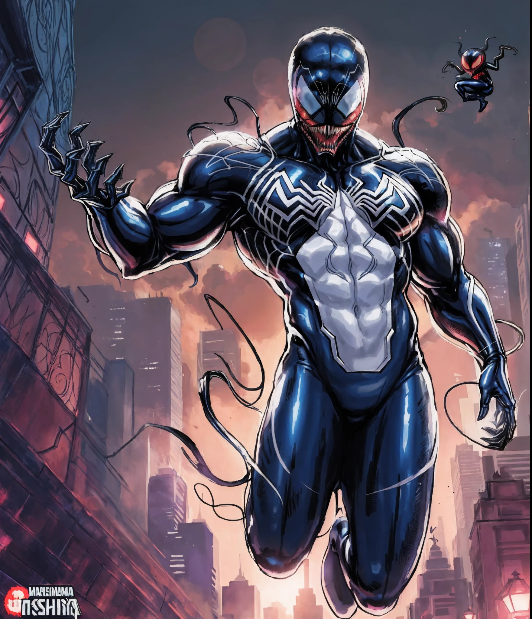 aranha - homem em uma cidade com uma aranha - cara de homem, veneno, Simbionte de veneno, simbionte, veneno, traje de veneno, Venom mergulhando no Homem-Aranha, presas de veneno, inspirado em Mike Deodato, Venomfang, inspirado em Ryan Stegman, carnificina, mistura de veneno e cthulhu, dark supervillain, Six arms, marvelous expression