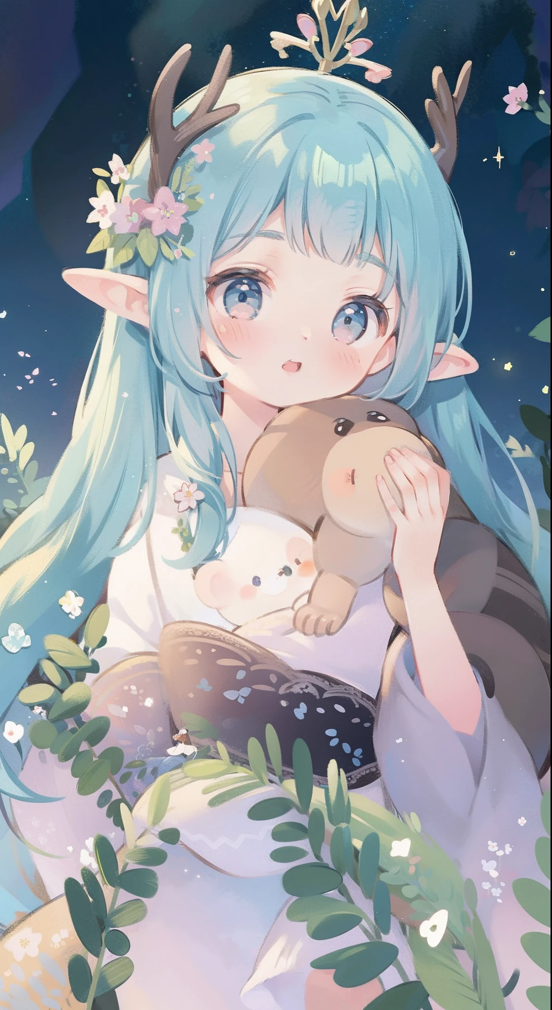 high high quality,tmasterpiece,Delicate facial features,Delicate hair,Delicate eyes,Delicate hair,animemanga girl,deer antlers,Black color hair,florals, Dreamy style, Fantastic flower garden,fantasy style clothing,Romantic dress, beautiful and elegant elf queen, a beautiful fantasy empress, Fantasy art style, ((a beautiful fantasy empress)), Anime fantasy illustration, high priestess, fey queen of the summer forest, anime art nouveau, goddess of the forest, portrait of an elf queen, A beautiful artwork illustration,8K high quality detailed art(Delicate facial portrayal)(Fine hair depiction)(highest quality)(Master masterpieces)(High degree of completion)(a sense of atmosphere)8k wallpaper,tmasterpiece,Best quality at best,ultra - detailed