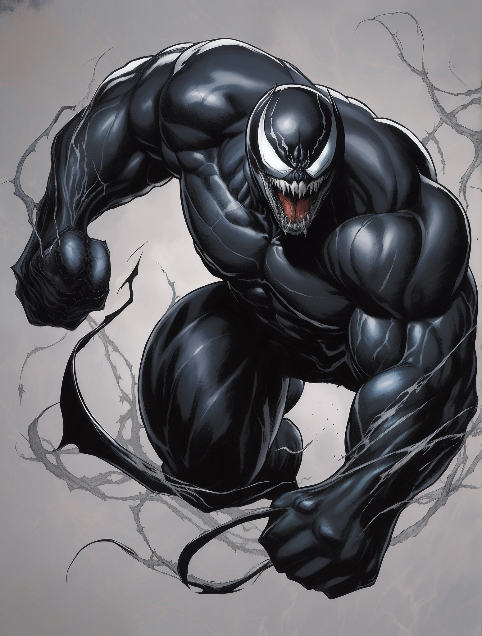 a cartoon drawing of a man with a big belly and a big smile, venom, venom symbiote, venom costume, symbiote, venomized, venom dunking on spiderman, mix of venom and cthulhu, venomfang, venom fangs, commission for high res, fat ripped satanic creature, muscular and terrifying, muscular!, muscular!!, lowres