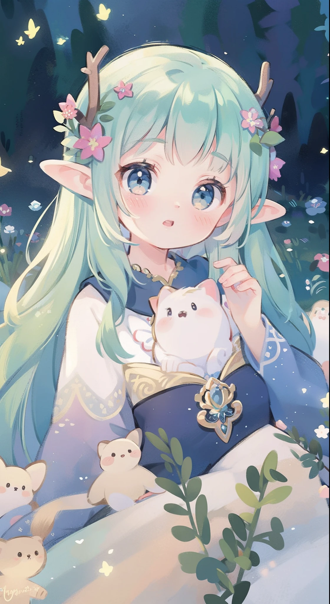 high high quality，tmasterpiece，Delicate facial features，Delicate hair，Delicate eyes，Delicate hair，animemanga girl，deer antlers，Black color hair，florals, Dreamy style, Fantastic flower garden，fantasy style clothing,Romantic dress,  beautiful and elegant elf queen, a beautiful fantasy empress, Fantasy art style, ((a beautiful fantasy empress)), Anime fantasy illustration, high priestess, fey queen of the summer forest, anime art nouveau, goddess of the forest, portrait of an elf queen, A beautiful artwork illustration，8K high quality detailed art（Delicate facial portrayal）（Fine hair depiction）（highest  quality）（Master masterpieces）（High degree of completion）（a sense of atmosphere）8k wallpaper，tmasterpiece，Best quality at best，ultra - detailed