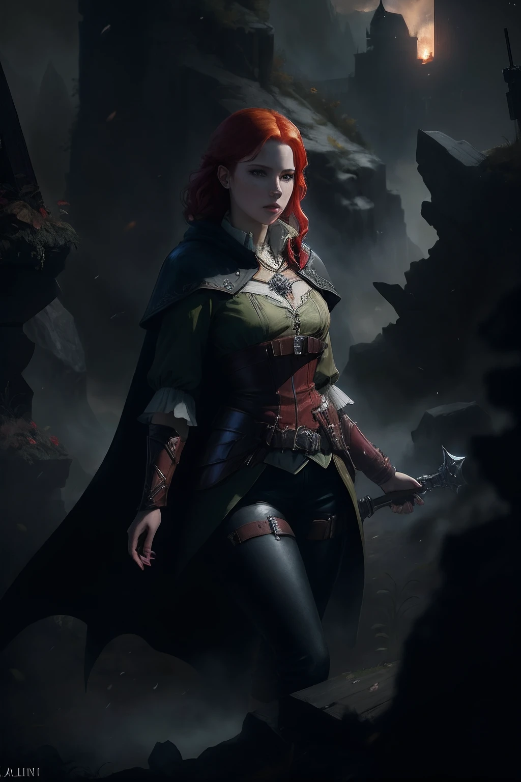 A girl with red hair and a raincoat stands in a field, Portrait Of Girl, alexandra fomina artstation, female redhead templar, fantasy character portrait, Portrait of a Bloody Hunter, Fantasy genre portrait, Portrait of a Sorceress, Elf, young girl, diablo 4 lilith, epic and classy portrait, triss merigold cosplay, Epic character portrait, Dark Fantasy