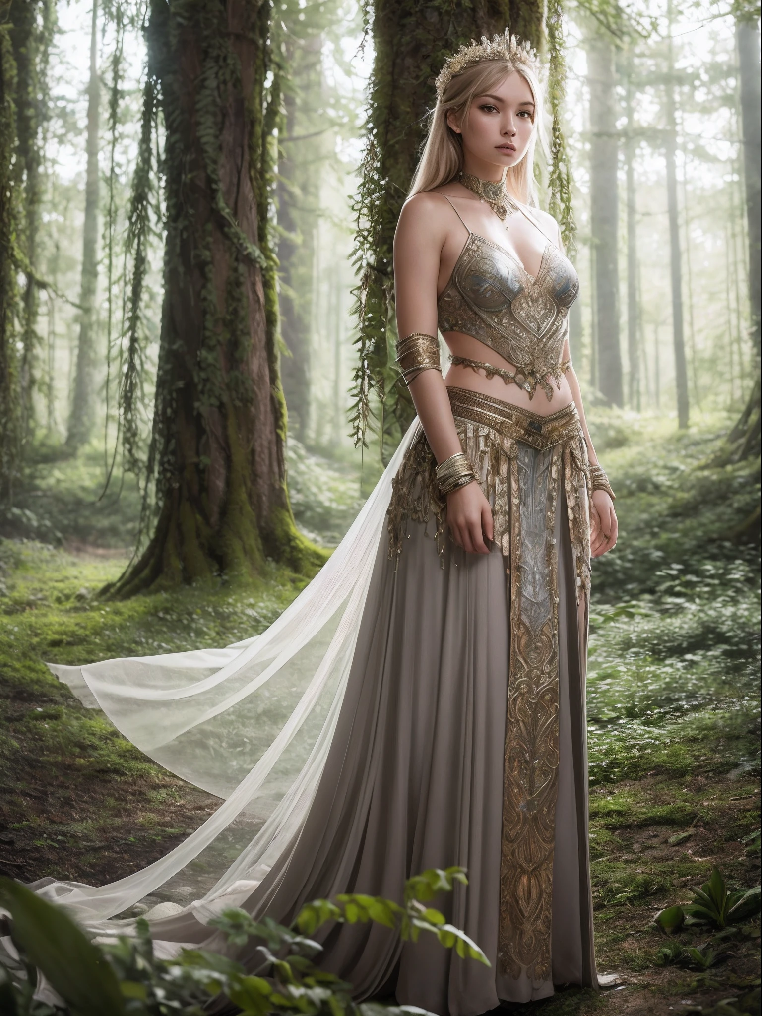 "Astrid, a mesmerizing mix of beauty and strength, adorned in intricate armor, standing proudly in a mystical forest, bathed in soft ethereal light."
