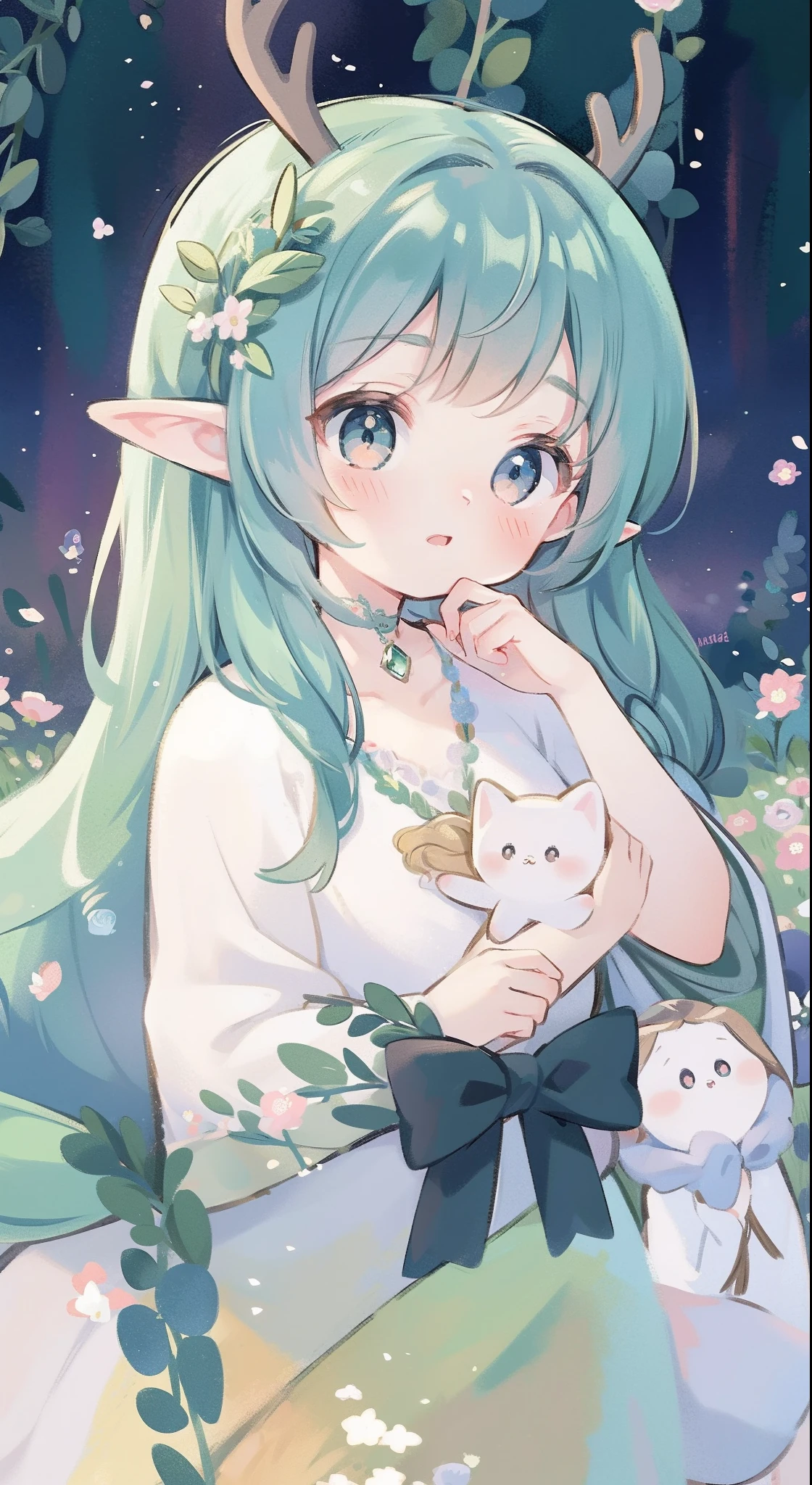 high high quality,tmasterpiece,Delicate facial features,Delicate hair,Delicate eyes,Delicate hair,animemanga girl,deer antlers,Black color hair,florals, Dreamy style, Fantastic flower garden,fantasy style clothing,Romantic dress, beautiful and elegant elf queen, a beautiful fantasy empress, Fantasy art style, ((a beautiful fantasy empress)), Anime fantasy illustration, high priestess, fey queen of the summer forest, anime art nouveau, goddess of the forest, portrait of an elf queen, A beautiful artwork illustration,8K high quality detailed art(Delicate facial portrayal)(Fine hair depiction)(highest quality)(Master masterpieces)(High degree of completion)(a sense of atmosphere)8k wallpaper,tmasterpiece,Best quality at best,ultra - detailed