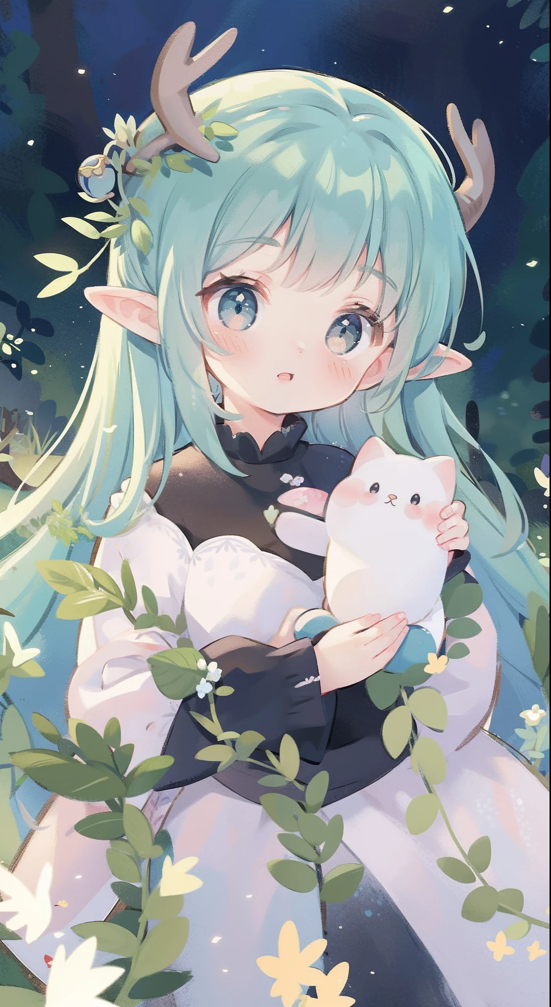 high high quality,tmasterpiece,Delicate facial features,Delicate hair,Delicate eyes,Delicate hair,animemanga girl,deer antlers,Black color hair,florals, Dreamy style, Fantastic flower garden,fantasy style clothing,Romantic dress, beautiful and elegant elf queen, a beautiful fantasy empress, Fantasy art style, ((a beautiful fantasy empress)), Anime fantasy illustration, high priestess, fey queen of the summer forest, anime art nouveau, goddess of the forest, portrait of an elf queen, A beautiful artwork illustration,8K high quality detailed art(Delicate facial portrayal)(Fine hair depiction)(highest quality)(Master masterpieces)(High degree of completion)(a sense of atmosphere)8k wallpaper,tmasterpiece,Best quality at best,ultra - detailed