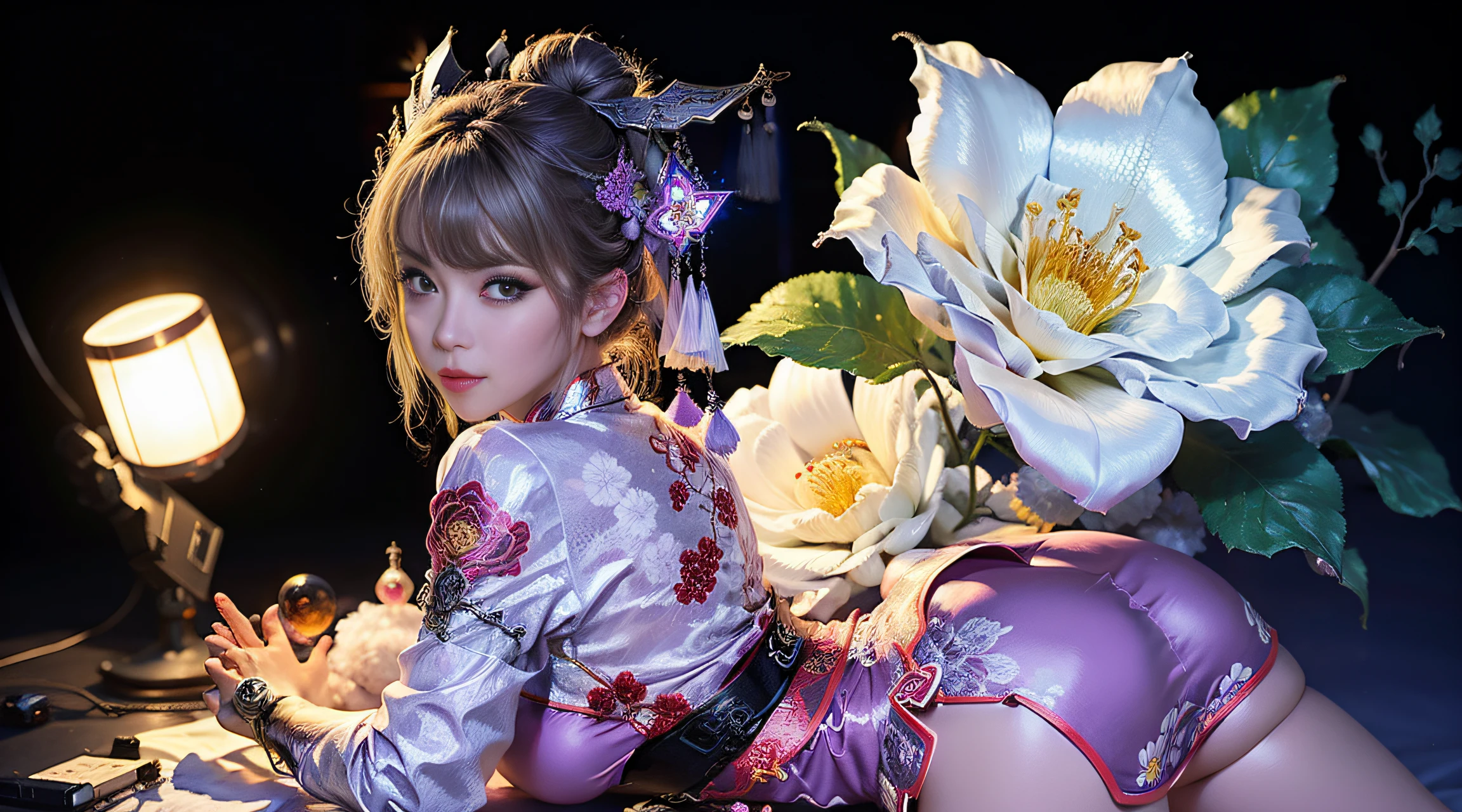 Butt for the camera,Uma mulher de figura marcante,Vestindo um cheongsam roxo,corpo transparente,flores frescas,joias,amazing work,Vitreous glow