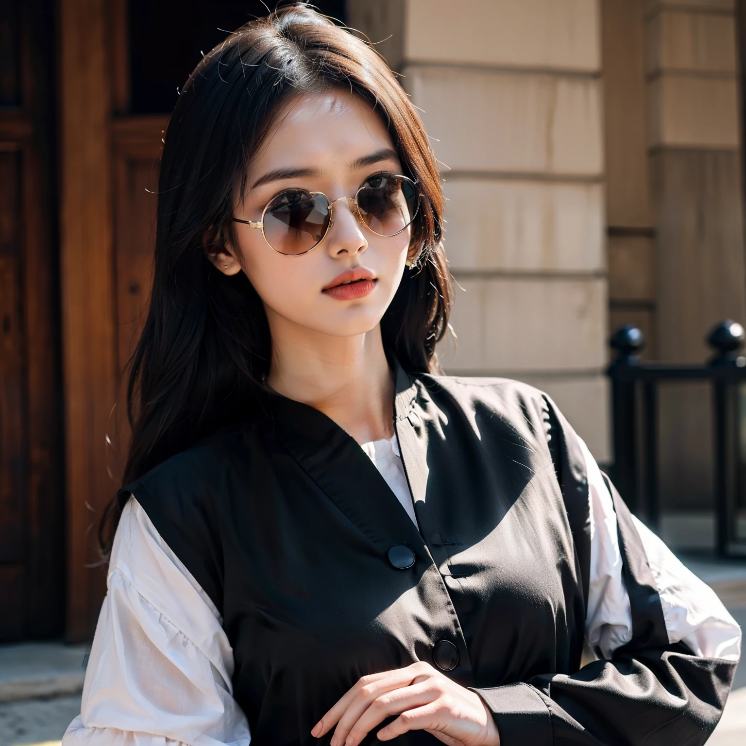 Girl in TRADITIONAL dress And Black Sunglasses , hyper realistic Detailed high quality image