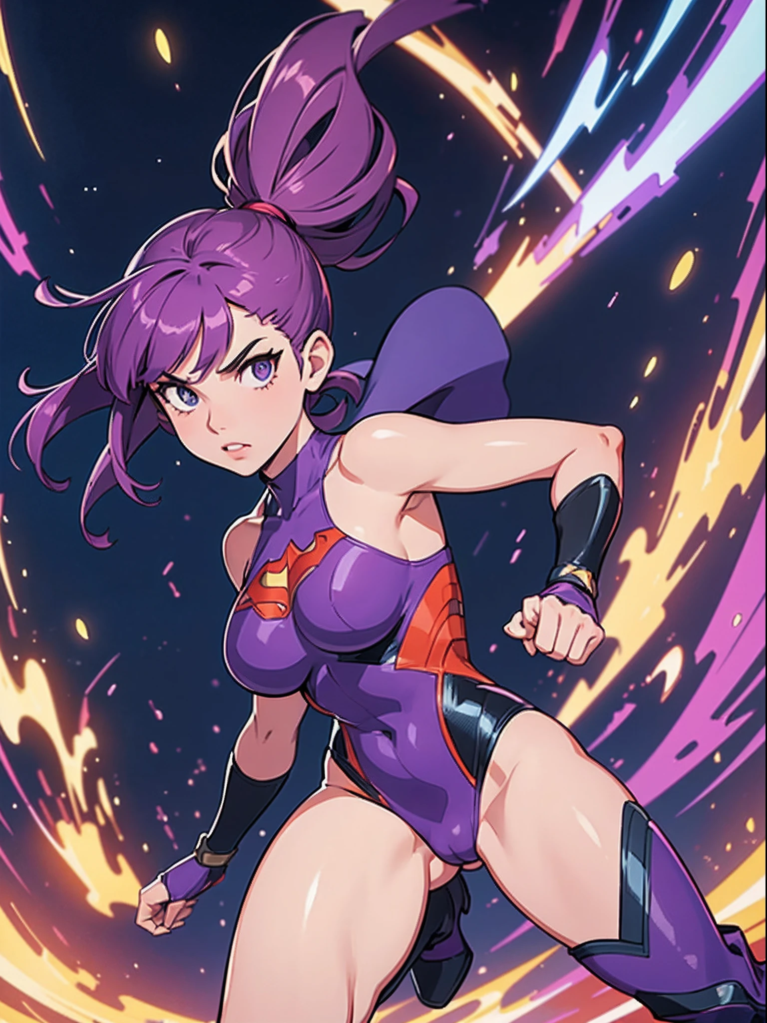 "An extraordinary masterpiece with the highest quality, showcasing a powerful superhero in a sleek leotard, bare legs, and matching boots. The superhero has stunning purple bob hair and is demonstrating their incredible powers.", age 22, solo