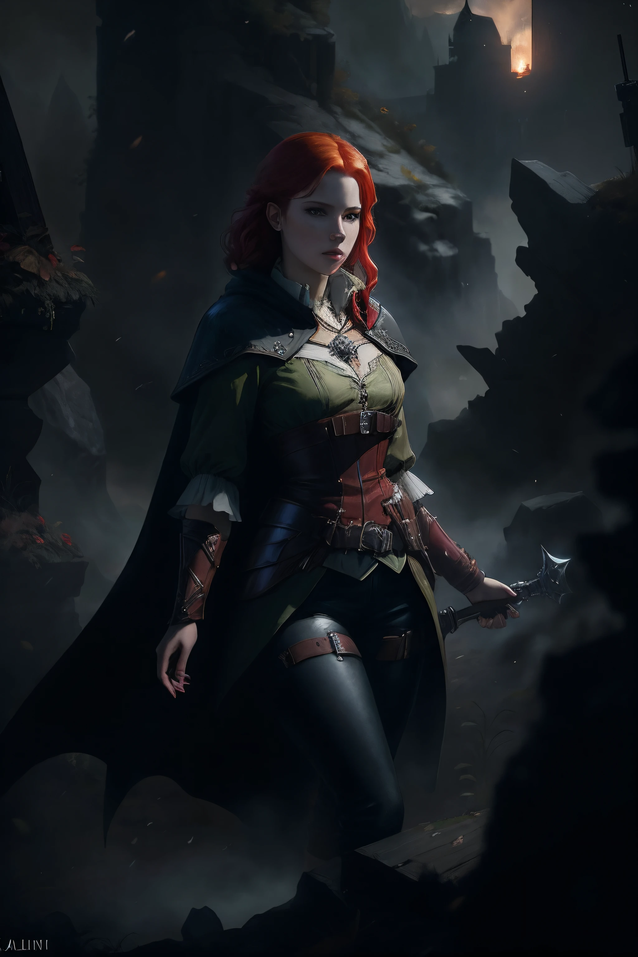 A girl with red hair and a raincoat stands in a field, Portrait Of Girl, alexandra fomina artstation, female redhead templar, fantasy character portrait, Portrait of a Bloody Hunter, Fantasy genre portrait, Portrait of a Sorceress, Elf, young girl, diablo 4 lilith, epic and classy portrait, triss merigold cosplay, Epic character portrait, Dark Fantasy