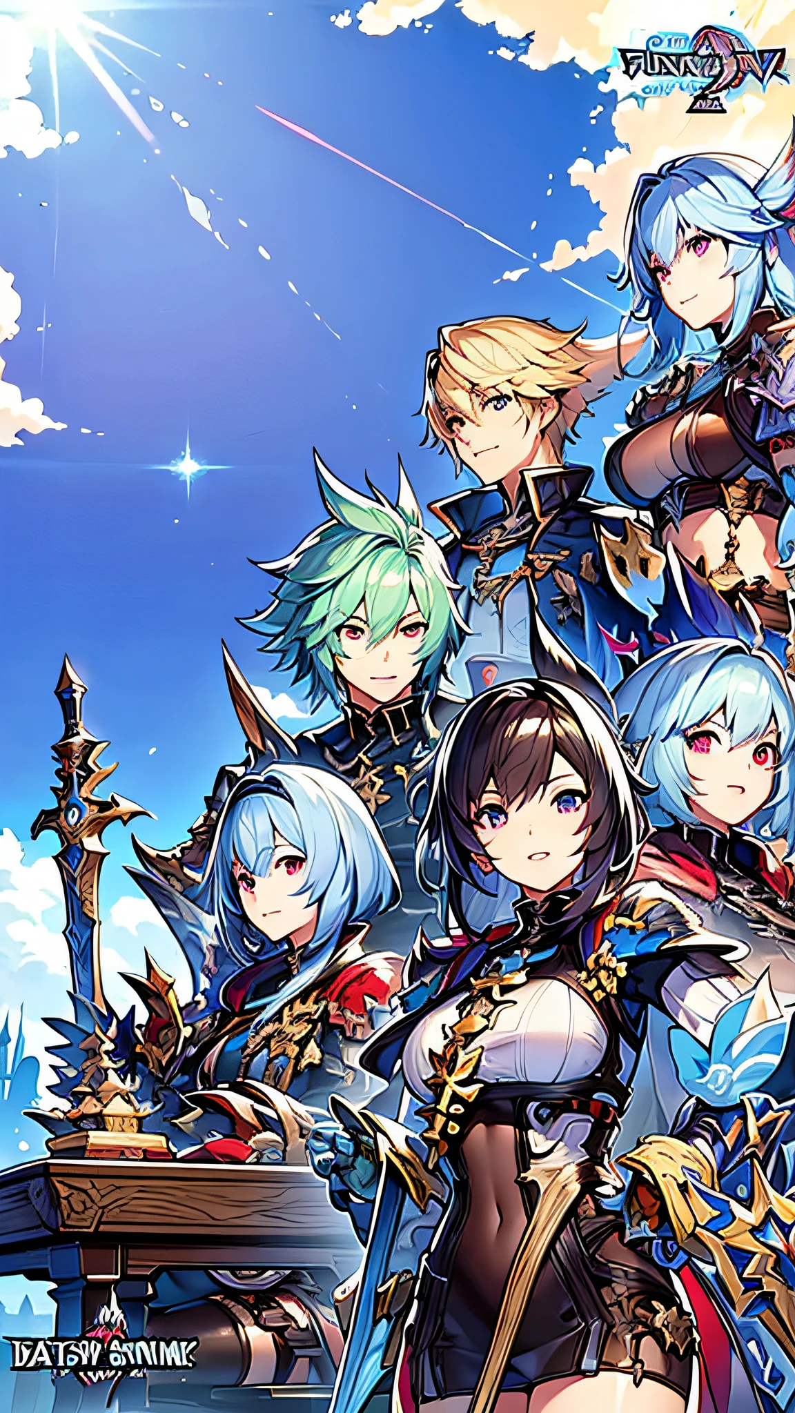 a group of anime characters standing together in front of a blue sky, final fantasy 1 2 style, final fantsy, final fantasy style, jrpg, final fantasy character, jrpg character art, from final fantasy, final - fantasy, final-fantasy, final fantasy, art style of dark cloud 2, key art, granblue fantasy, square enix,  high quality, best quality, high detail, perfect draw, official artwork, detailed cover artwork, key art, promo art, album art, front cover of a new video game, enhanced, official art, anime cover, board game cover art, promotional art, box art, album art cover, game cover, battle chasers, official anime artwork, album cover, high-quality face, high quality hand, by bestiary_style, fantasy, armor, sword, extreme quality, rpg