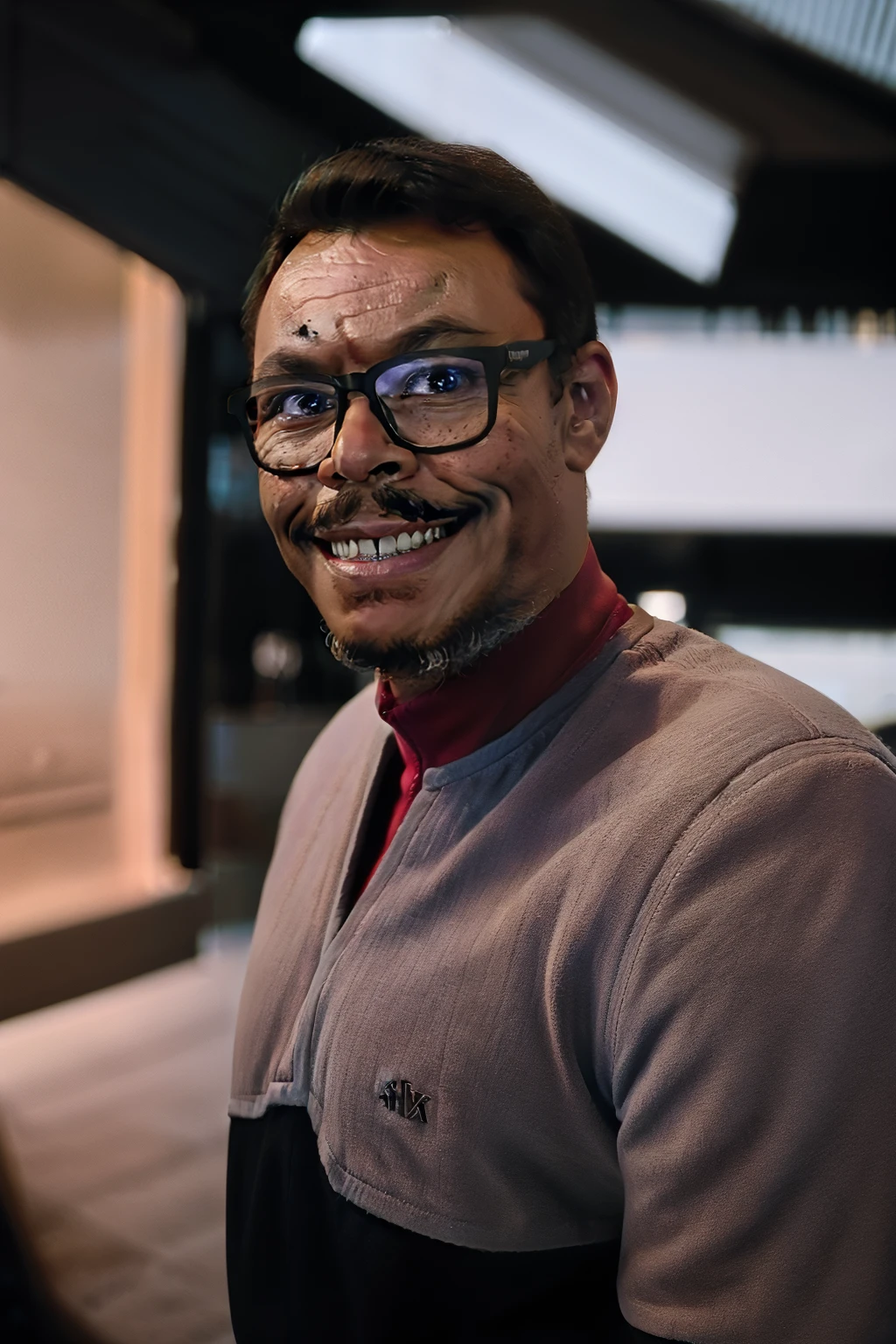 Homem homem de oculos em preto e vermelho DS9st uniforme sorrindo,DSNstation, 8k UHD, DSLR, soft lighting, alta qualidade, filmic grain,qualidade da obra-prima,Fujifilm XT3