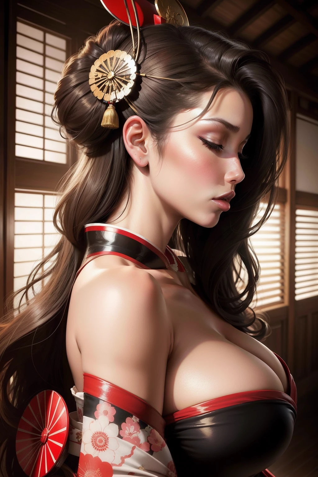 lucy pinder, portrait, profile, geisha, mouth wide open, eyes closed, sexy