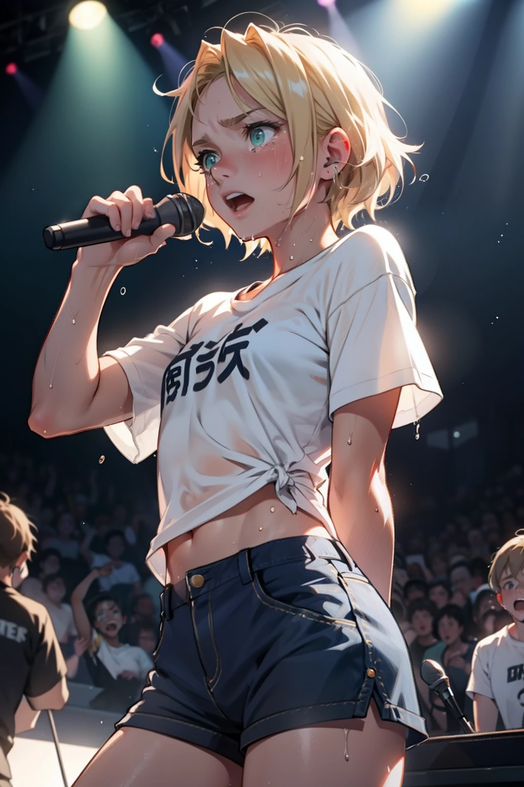 Singing on stage,Idol,a blond,Green eyes,Petite girl,flat chest,White T-shirt、Navy blue shorts,holding the mic,Sweating,Embarrassed look,Red face,I have tears in my eyes,The body is wet and dripping,,livestream,Dark concert hall,The audience holds a glowing stick