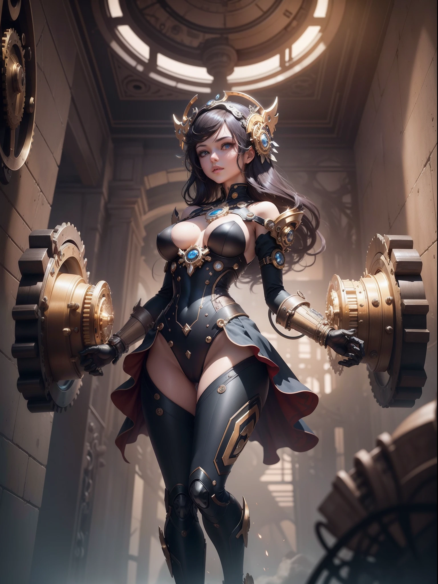 "The perfect fusion of machinery girl and art, showcasing intricate mechanical designs with flawless craftsmanship and attention to detail. Exude power and precision with a touch of elegance and sophistication. Explore the world of gears, pistons, and cogs, enveloped in a futuristic atmosphere. Marvel at the interplay of light and shadows, highlighting the dynamic movement and complexity of the mechanical marvels. Step into a realm where technology meets aesthetics, and let your imagination soar with the wonders of mechanical artistry."