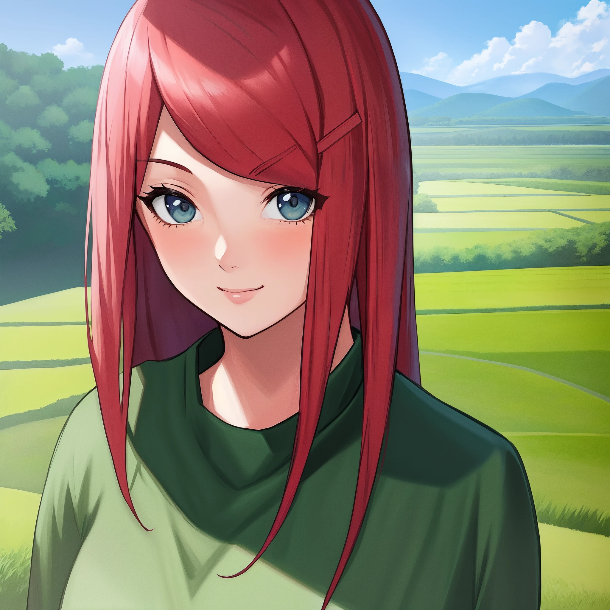 uzumaki_kushina, large_breasts, standing, solo, kushina_green_dress, masterpiece, best quality, detailed face, detailed eyes, highres, smile, ghibli, scenery, background, (masterpiece:1.4, best quality:1.2), kawaii, (beautiful eyes, beautiful face), (Highres), (Detailed Illustration), Ultra-Detailed, looking at viewer, country scenery, summer rice fields, konohagakure, uzumaki_kushina, kushina_green_dress,