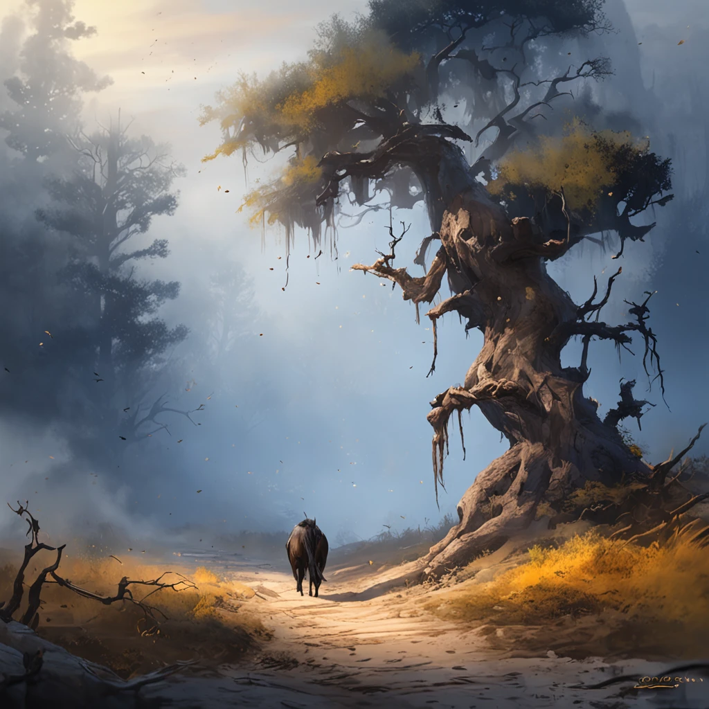zhangjiajie。Two crows on a dead tree, A shadow shaped like a walker, Starry night, Thick fog on the ground, Blue light on the horizon, Unreal Engine 5, Cinematic, low angle photography, Motion blur, Depth of field, Dust, Cobblestones and dirt. Splash Art, dripping paint. Perfect color grading. Influenced by Karel Appel and Jeremy Mann, Full of dramatic and threatening scenes, Hyper-detailed, Beautiful, insanely details, Intricate details, editorial photography, shot with a 50mm lens, Depth of field, Tilt Blur, Shutter speed 1/1000, f/22. Lightmaps, Super bright