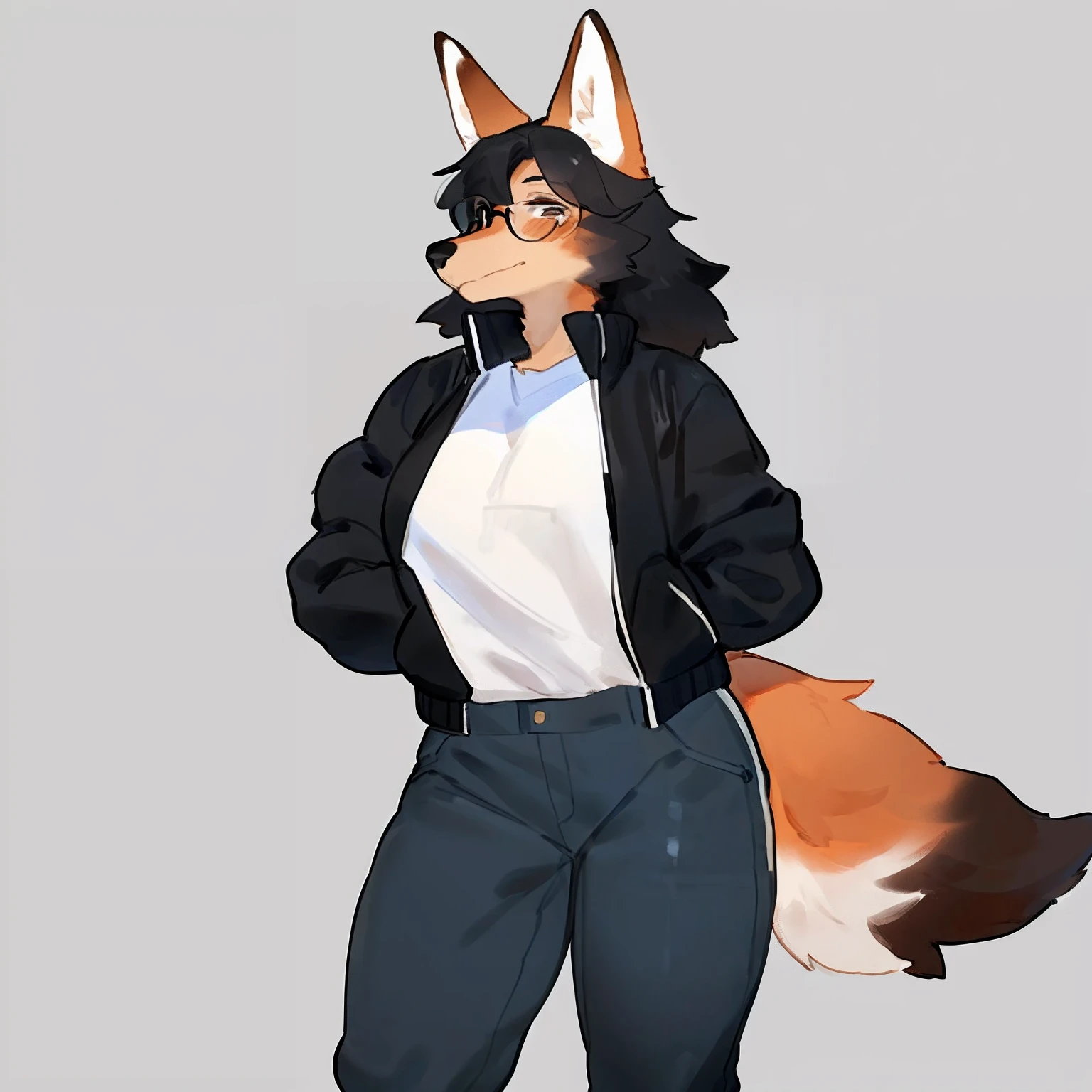 by bebebebebe, by goonie-san, by bigcozyorca, by buta99, solo, female, standing, canine, ((hair, snout)), tail, high-waisted leggings, zipped up bomber jacket, glasses, hands behind back, maned wolf, wavy black hair, detailed eyes