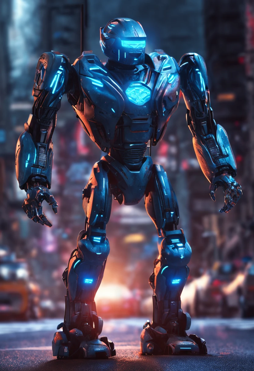 Create an ultra-realistic blue mini robot, segurando e manipulando um planeta, com efeitos de neon e um fundo super realista