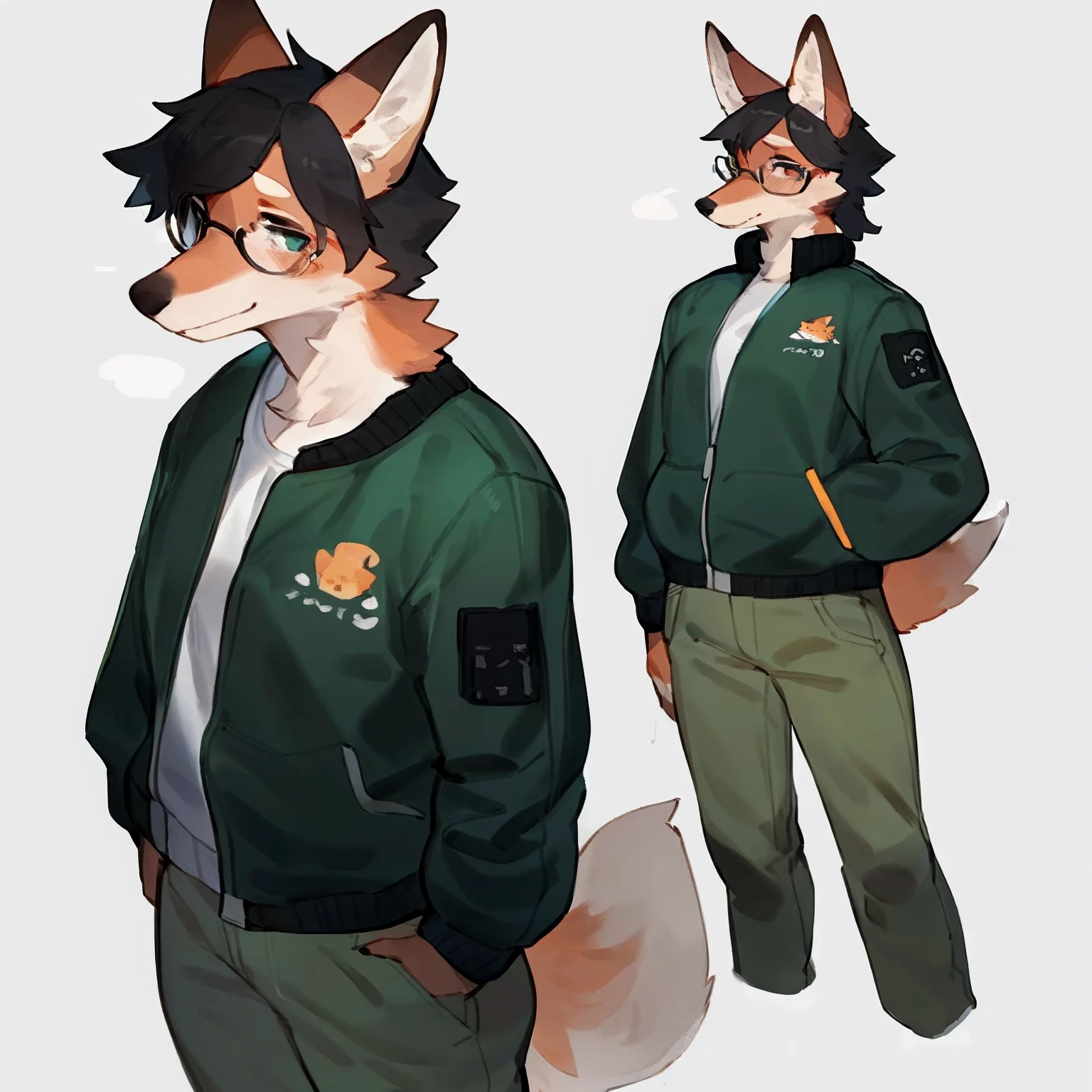 by bebebebebe, by goonie-san, by bigcozyorca, by buta99, solo, female, standing, canine, ((hair, snout)), tail, high-waisted green jeans, zipped up bomber jacket, glasses, hands behind back, maned wolf, wavy black hair, detailed eyes, red fur