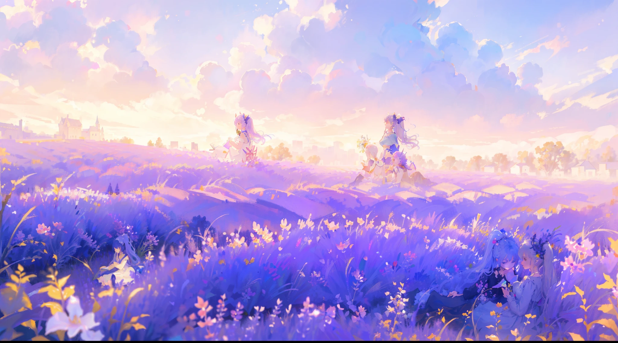 Two anime girls sitting in the field of lavender in front of fantasy castle, one with white haired long braids and wearing blue princess dress and another one is blue haired long side ponytail and wearing deep violent dress , ((both long hair )), shining hair deity, 8k detailed high quality artwork, fantasy artwork, anime fantasy artwork, high quality fantasy art,detailed hair and dress,detailed fantasy background, beautiful anime artwork, girls in cute dress,one with silver hair and another one is with blue hair, masterpiece art,detailed background, high quality wallpaper, flower field background , elegant and delicate girls,reading book pose, tea party,different hair colour,yuri