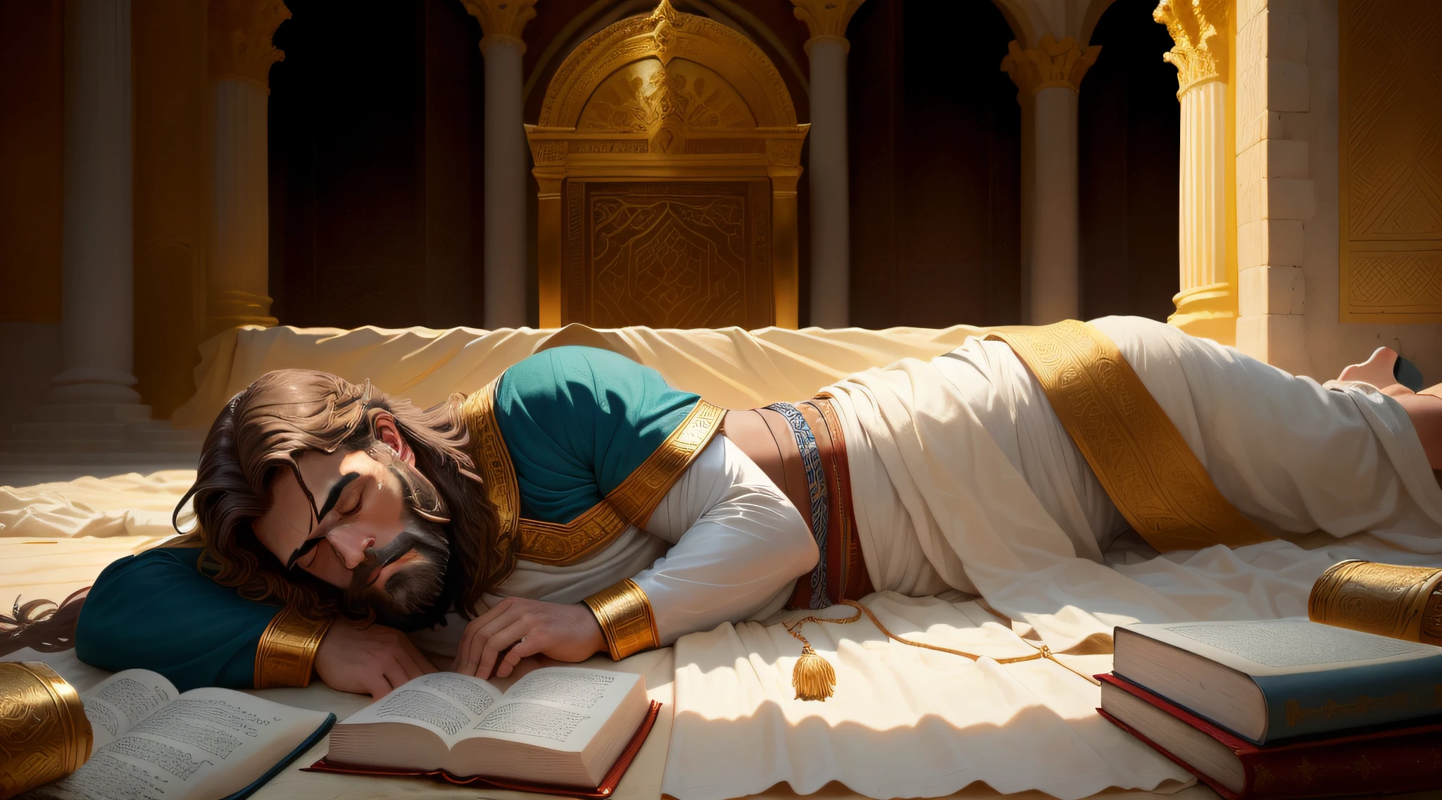 um homem triste dormindo, Bastidores: Jerusalem Palace, epic biblical depiction of Daniel in the lion's den, Senhor das Bestas, Deus olhando para mim, Directed by: Howard Lyon, Senhor da Selva , bible illustration, biblical image, Directed by: Leonardo Longo, Rei da selva, prophetic art