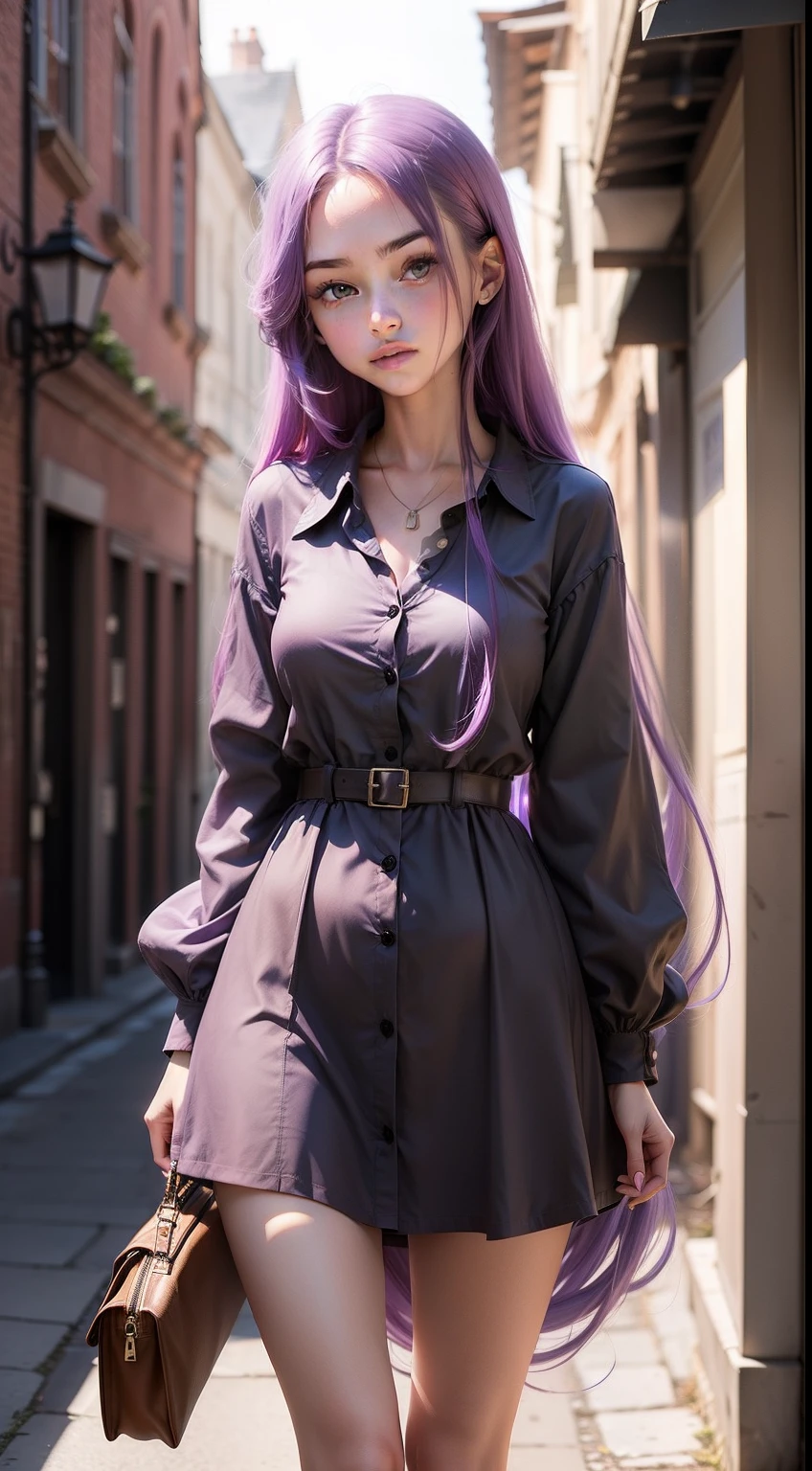 Girl with long purple hair, Slim, pretty, little chest, in a shirt dress