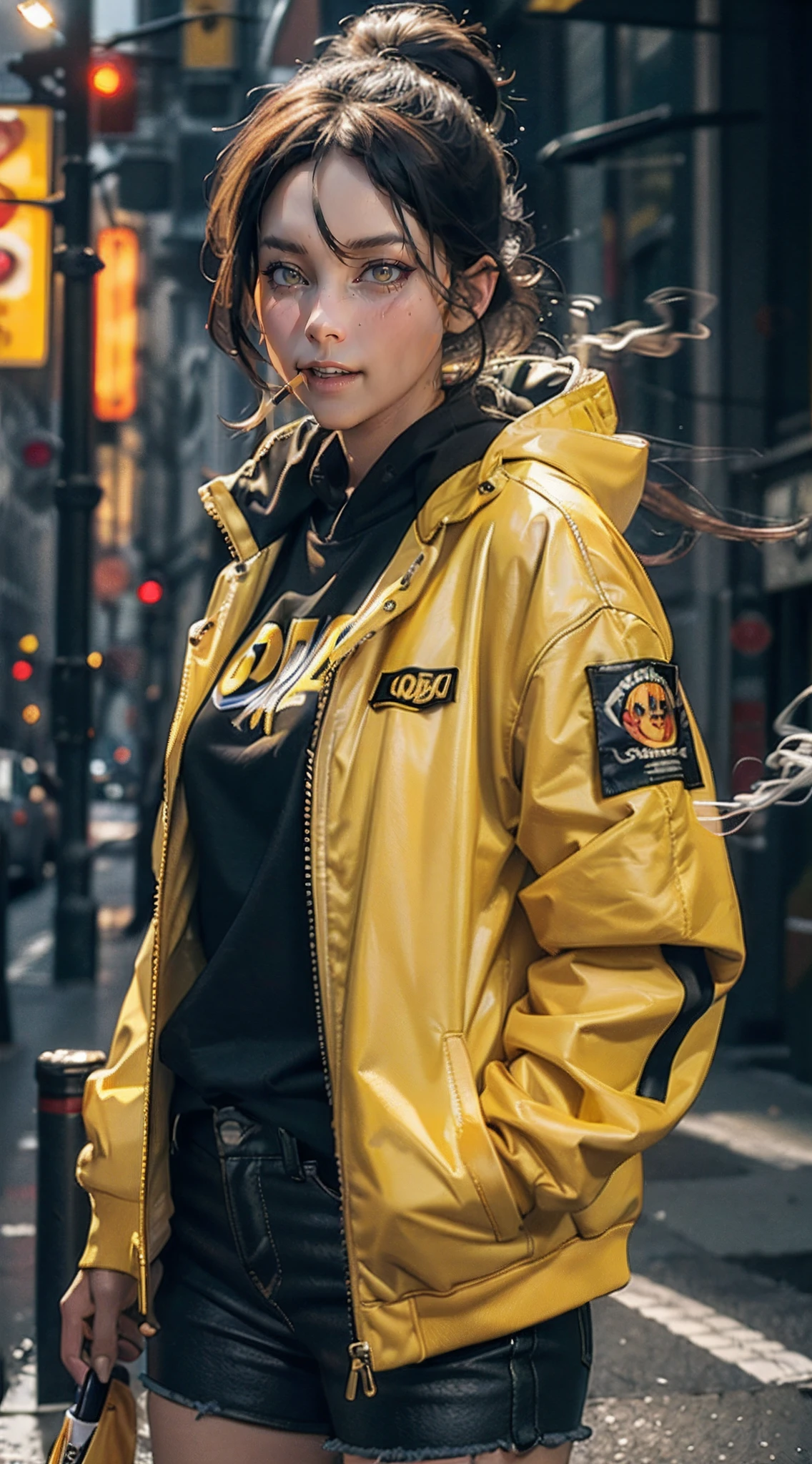 araffe woman in yellow jacket standing on street corner with umbrella and doing smoking a cigarette, tobacco, bite a cigarette, wearing cyberpunk 2 0 7 7 jacket, cyberpunk streetwear, she is wearing streetwear, glossy yellow, streetwear fashion, woman in streetwear, wearing cyberpunk streetwear, japanese streetwear, street wear, street clothes, jacket, street fashion clothing, girl, yellow raincoat, cyber future jacket, yellow and black