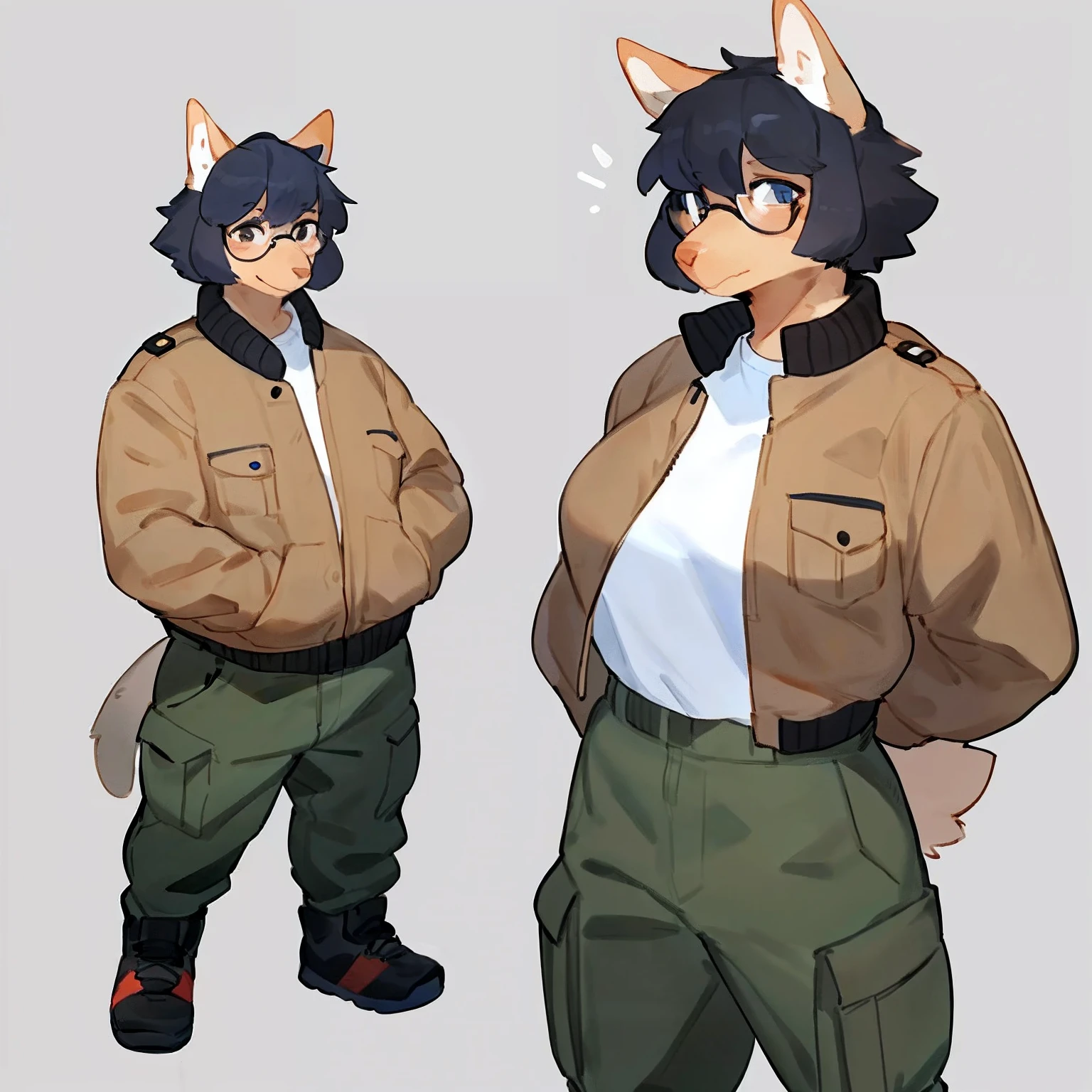 by bebebebebe, by goonie-san, by bigcozyorca, by buta99, solo, female, standing, canine, ((hair, snout)), tail, high-waisted khaki cargo pants, zipped up black bomber jacket, glasses, hands behind back,