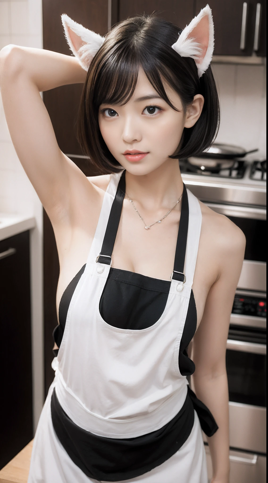 ​masterpiece、1girl、Woman in apron posing in kitchen、flawless anatomy、Beautiful Asian Woman、Symmetrical limbs、Five fingers of a person、Realistic kitchen、Apron on sexy skin、Sexy look on camera、big chest、Double eyelids、16K、maximum quality、beautiful korean woman、good hand、 goddess of Japan、Lustrous skin、an ultra realistic、Photo from the knee up, 2 girls, , armpit, blonde, necklace, black stocking, hand stocking, big boobs, cat ears, tail fox, big ass,  short hair, armpit, straddle