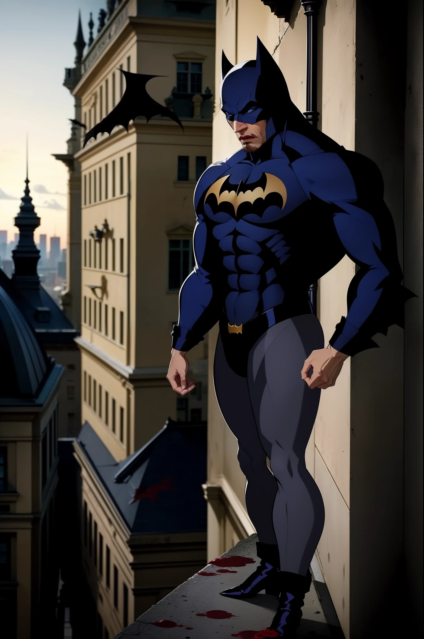 Batman stands on the terrace of the Gotham City Police Station building next to a Gargoyle made of concrete that makes the terrace. There is a lot of blood around him and he watches intently looking for the causes of this mystery.  Bataman is going strong, olhos brilhantes , His uniform also has blood remnants from the fight he had earlier with cyber vampires at Dracula's behest. Is Dracula hiding on the terrace where Batman is found??