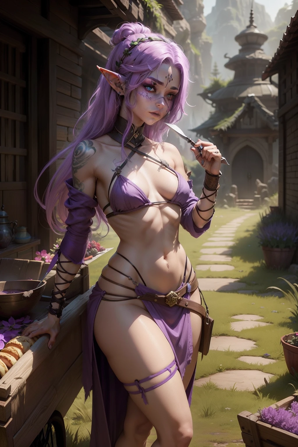 A young half-breed elf, with purple skin and pancake hair, lean, hiding in the grass, An infiltrator with a dagger in his hand and a bandage on his face, hiding and waiting for the cart of merchants, haze, inscrutability, nightfall, eye shadow.