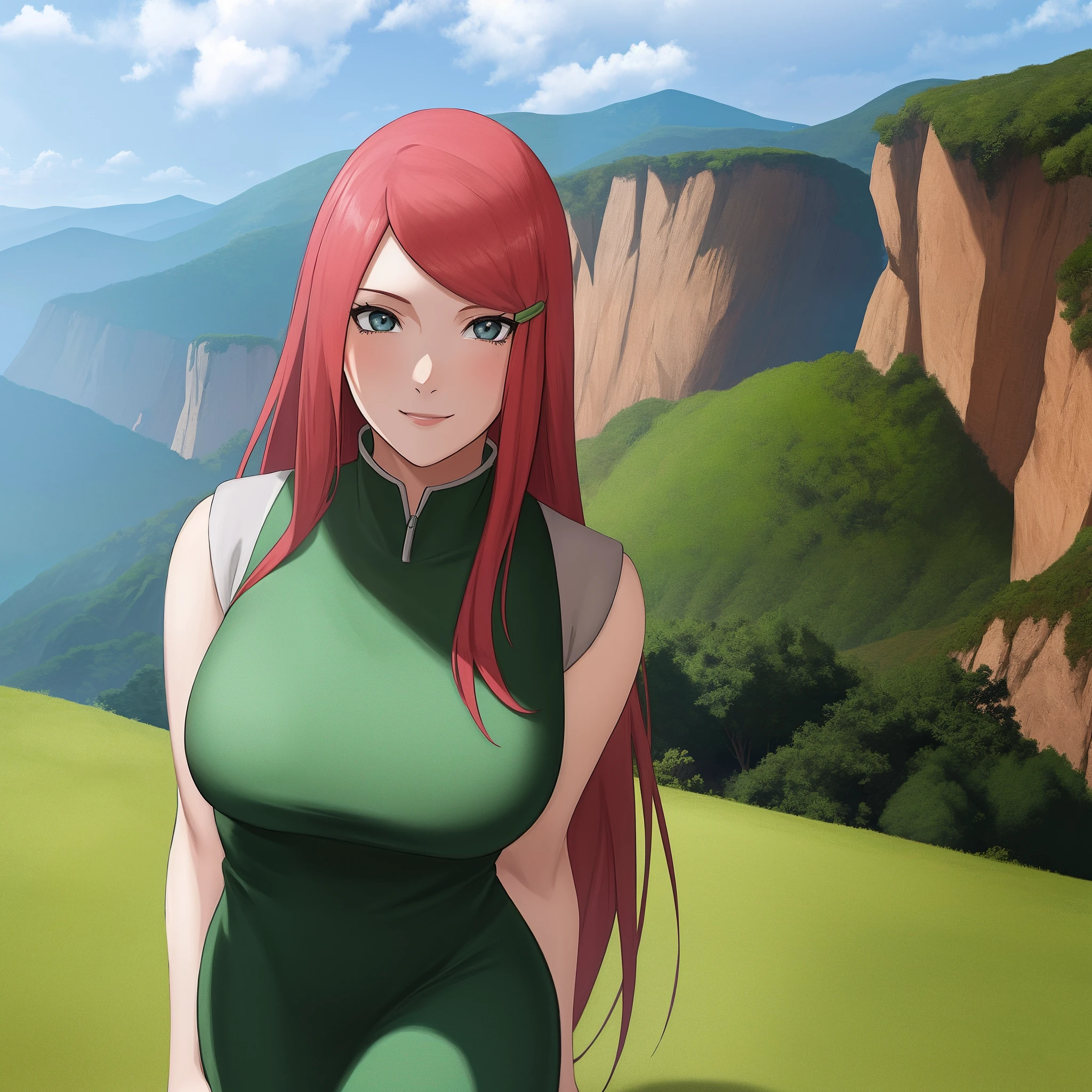 uzumaki_kushina, large_breasts, standing, solo, kushina_green_dress, masterpiece, best quality, detailed face, detailed eyes, highres, smile, ghibli, scenery, background, (masterpiece:1.4, best quality:1.2), (beautiful eyes, beautiful face), (Highres), (Detailed Illustration), Ultra-Detailed, looking at viewer, konohagakure, uzumaki_kushina, kushina_green_dress,