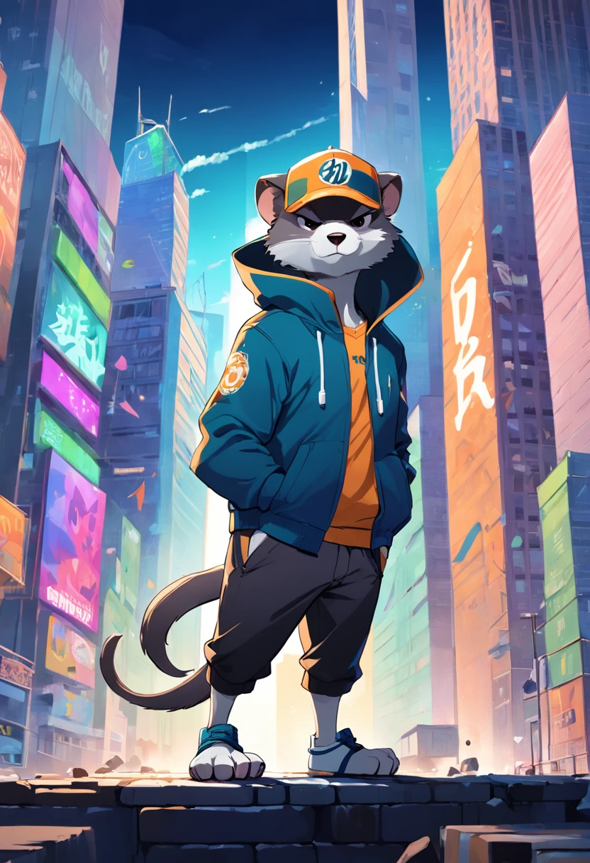 typography background phrase "Hard Work & Dedication" behind urban city skyscrapers & dollar bill symbol, Pixar art style, tri color, graffiti, vector, full body illustration drawing of a Ferret in silhouette, wearing a sunglasses & suit, hip hop pose, minimalistic design, RTX, UHD, cell shading, 8k, ray tracing, well defined, cartoon, realistic, drawing, unreal engine, octane render, shaders