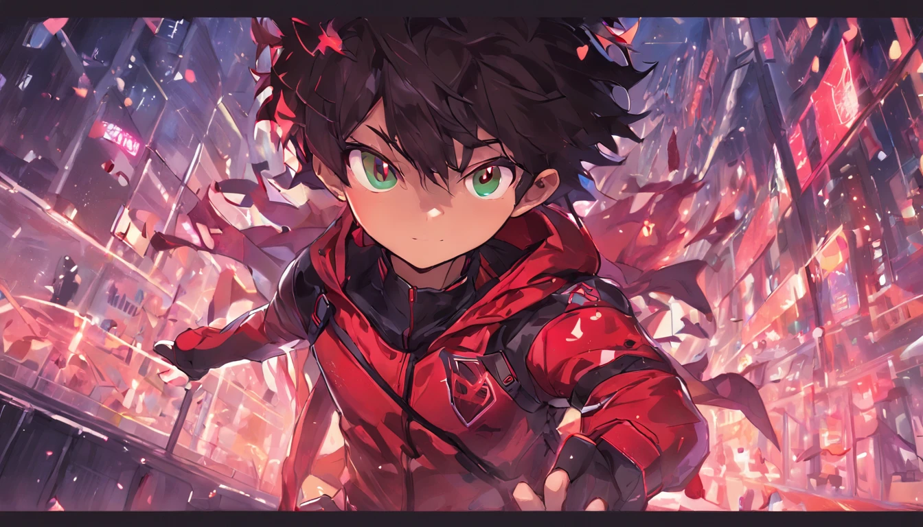 Miles Morales com uniforme completo, qualidade superior、(pequeno bonito:1.1)、(kawaii:1.5)、 (alta resolução:1.2)、unbelievable Ridiculous:1.3、incredibly fine illustrations、solo、 Angle from the front、Esbian de corpo inteiro、(Chibi:1.2)、