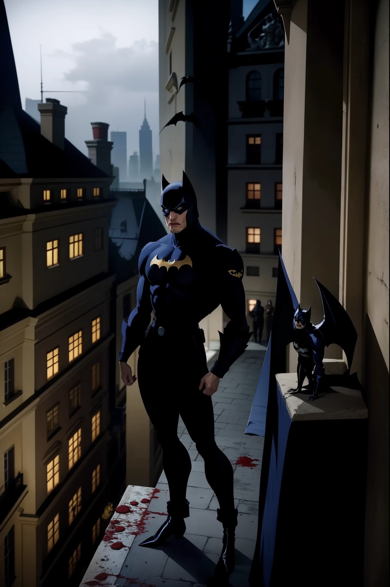 Batman stands on the terrace of the Gotham City Police Station building next to a Gargoyle made of concrete that makes the terrace. There is a lot of blood around him and he watches intently looking for the causes of this mystery.  Bataman is going strong, olhos brilhantes , His uniform also has blood remnants from the fight he had earlier with cyber vampires at Dracula's behest. Is Dracula hiding on the terrace where Batman is found??