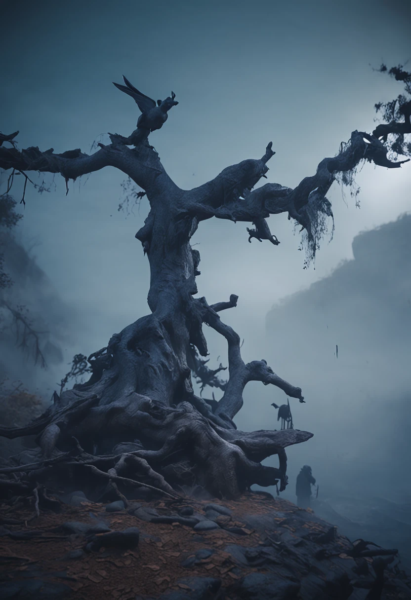 zhangjiajie,swordsmen,Solitude,Two crows on a dead tree, A shadow shaped like a walker, Starry night, Thick fog on the ground, Blue light on the horizon, Unreal Engine 5, Cinematic, low angle photography, Motion blur, Depth of field, Dust, Cobblestones and dirt. Splash Art, dripping paint. Perfect color grading. Influenced by Karel Appel and Jeremy Mann, Full of dramatic and threatening scenes, Hyper-detailed, Beautiful, insanely details, Intricate details, editorial photography, shot with a 50mm lens, Depth of field, Tilt Blur, Shutter speed 1/1000, f/22. Lightmaps, Super bright