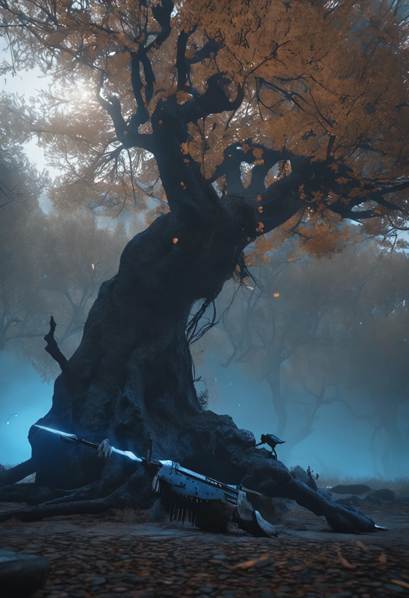 zhangjiajie,swordsmen,Solitude,Two crows on a dead tree, A shadow shaped like a walker, Starry night, Thick fog on the ground, Blue light on the horizon, Unreal Engine 5, Cinematic, low angle photography, Motion blur, Depth of field, Dust, Cobblestones and dirt. Splash Art, dripping paint. Perfect color grading. Influenced by Karel Appel and Jeremy Mann, Full of dramatic and threatening scenes, Hyper-detailed, Beautiful, insanely details, Intricate details, editorial photography, shot with a 50mm lens, Depth of field, Tilt Blur, Shutter speed 1/1000, f/22. Lightmaps, Super bright