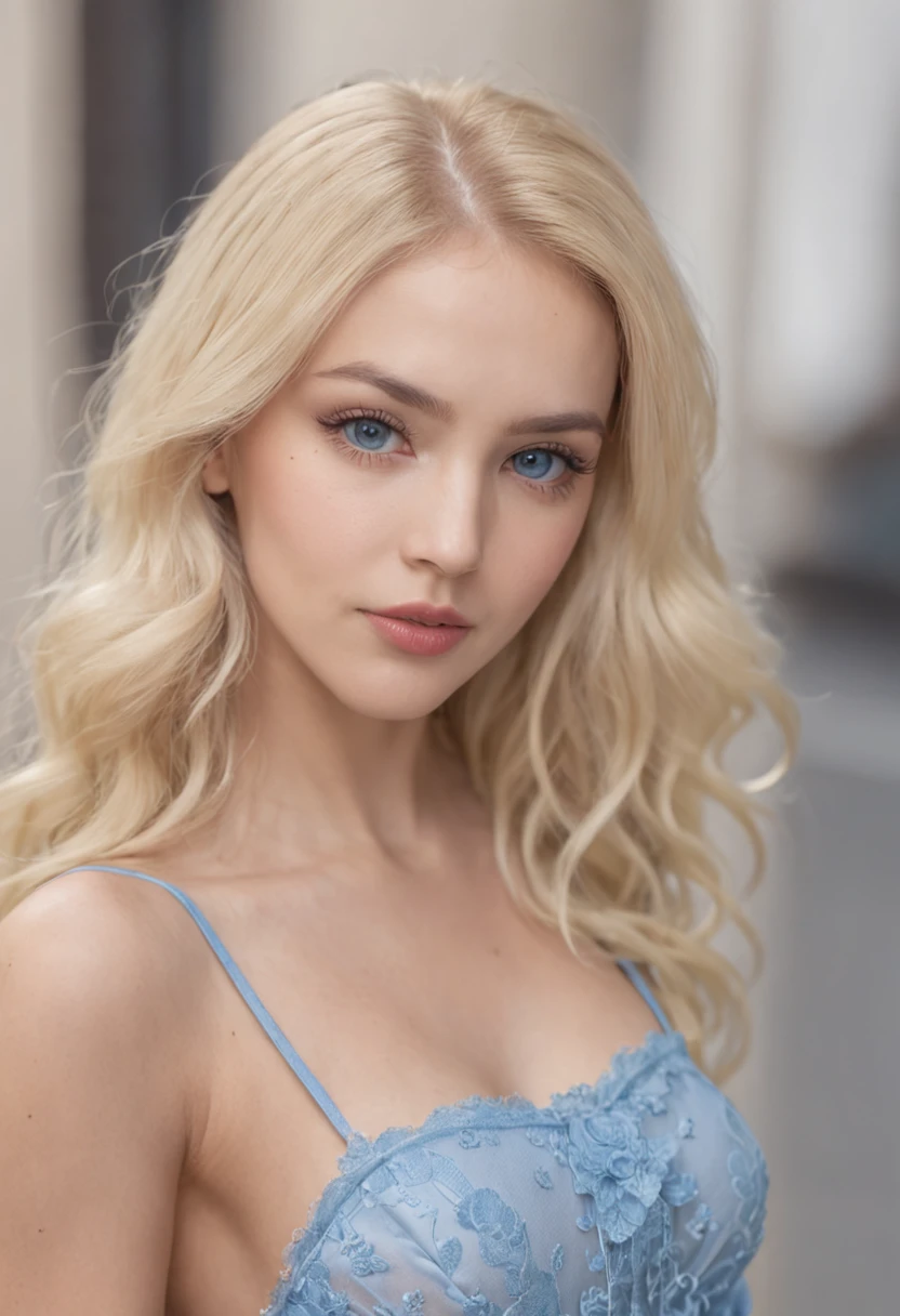 Create a realistic photo of a blonde woman with blue eyes, She is wearing a tiny dress with a torn front, sits with his legs open, Showing breasts, In the air, cinematic lighting effects