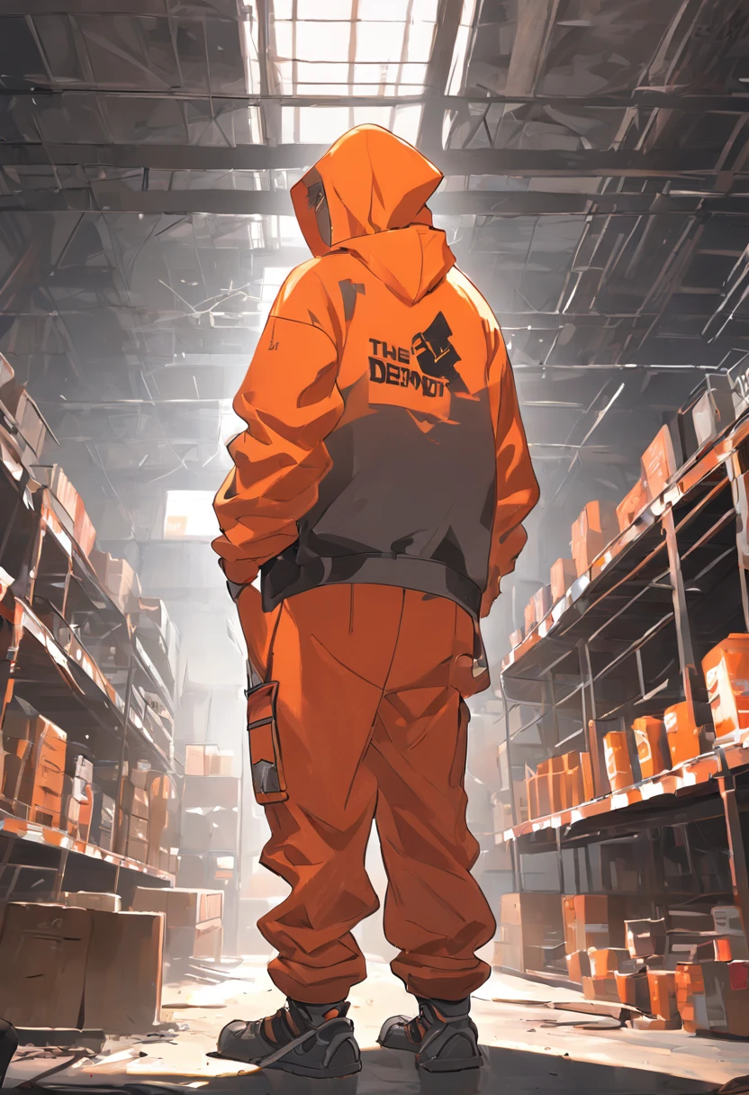 Bob eggleton's style full body illustration of a worker in silhouette, homeDepot, wearing a hoodie hip hop clothing & orange home depot apron in a Wearhouse, graffiti, vector, logo design, minimalistic design, well-defined lines, perfectly drawn, rtx, UHD, cell shading, 32k, ray tracing, cartoon, realistic, unreal engine 5, octane render, shaders, 3d,