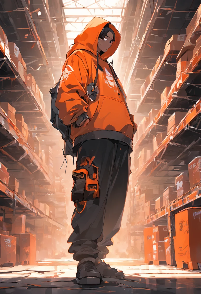 Bob eggleton's style full body illustration of a worker in silhouette, homeDepot, wearing a hoodie hip hop clothing & orange home depot apron in a Wearhouse, graffiti, vector, logo design, minimalistic design, well-defined lines, perfectly drawn, rtx, UHD, cell shading, 32k, ray tracing, cartoon, realistic, unreal engine 5, octane render, shaders, 3d,