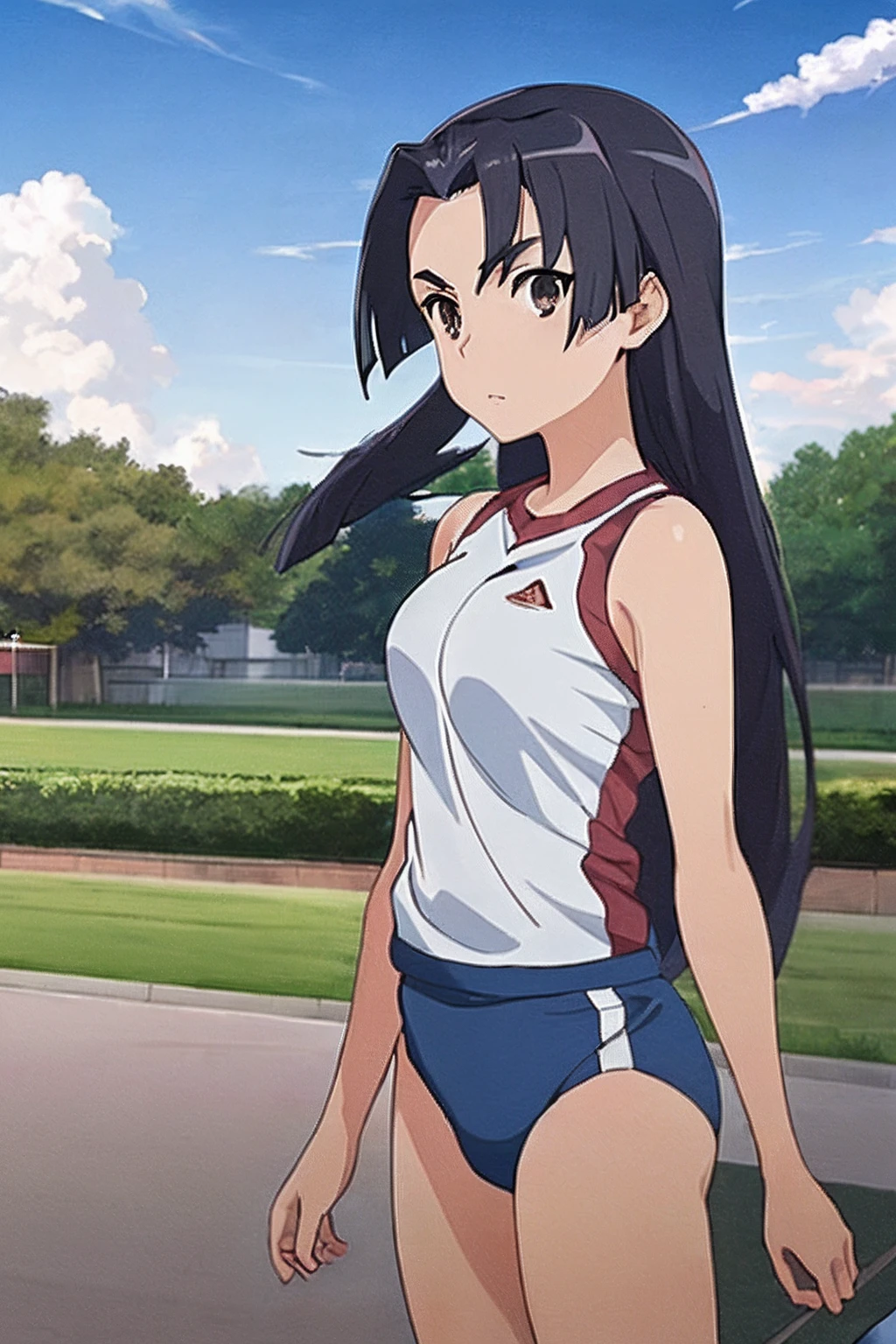 ((masterpiece, best quality)),kongoumitsuko,long hair,blue sky, cumulonimbus cloud, outdoors,looking at viewer,sportswear,