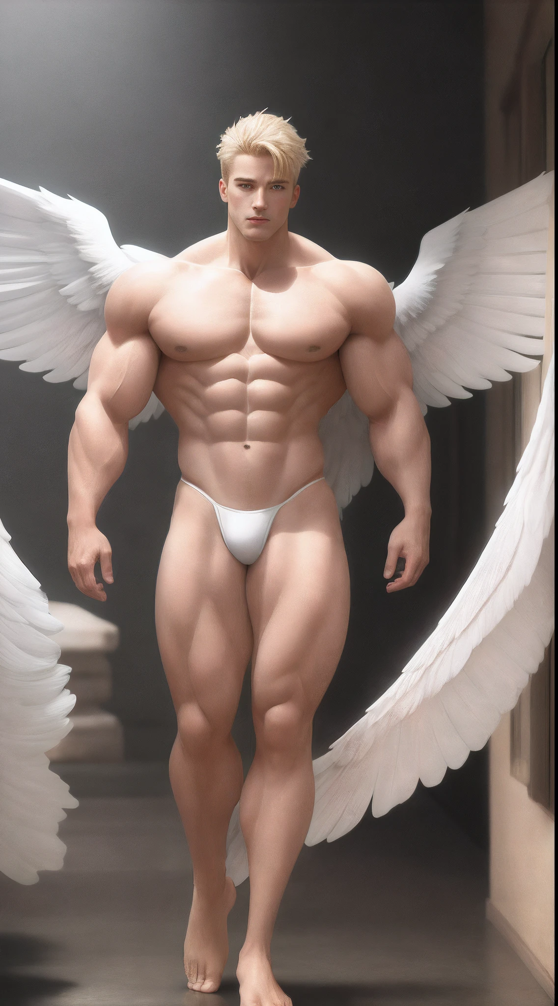 1 Muscle Angel，Large pectoral muscles，Broad shoulders，Thick-breasted，Huge crotch bulge，(((Huge white wings grow on the back)))，Mature male，Holy，with short golden hair，greene eyes，Ancient Greek costumes，god light，bared  chest，Full body photo，wide wide shot，high-definition picture quality，rich details​，Textured skin，Cinematic texture，Fly high in the air，Barefoot，Bare calves，