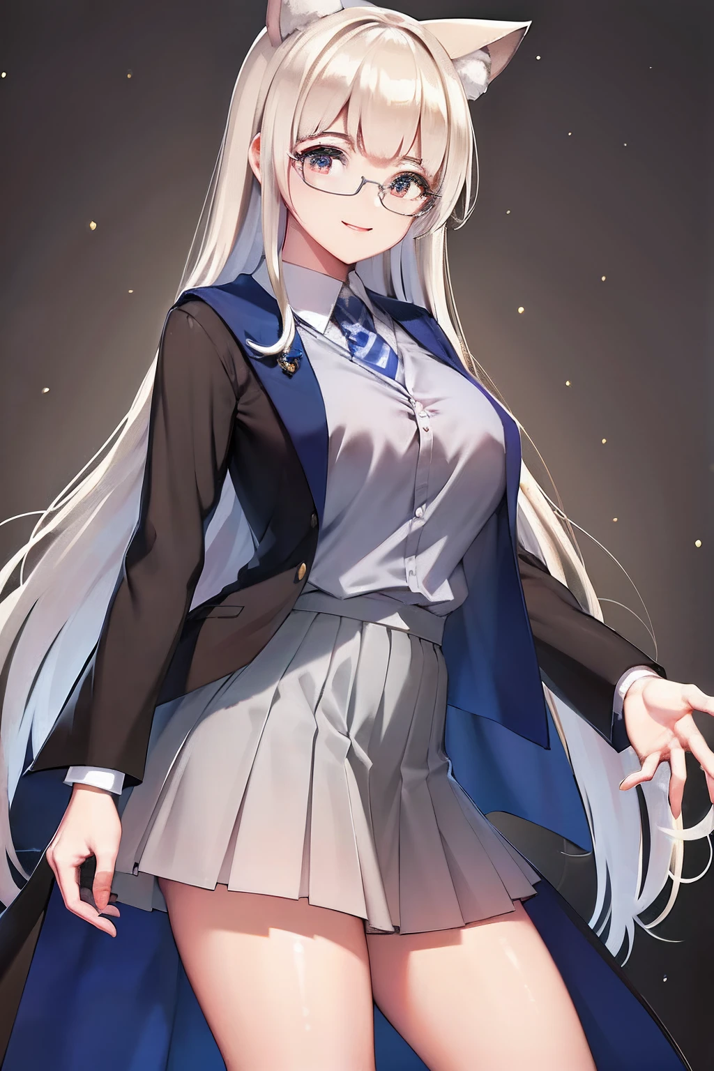 high resolution, best quality: 1.2), brightness, smooth outlines, beautiful drawing, , (masterpiece), 1 girl, beautiful girl, Hogwarts uniform, hogsks, Ravenclaw, brown_hair, big breasts, smile, school dress, short skirt, wolf ears, blue tie, Glasses