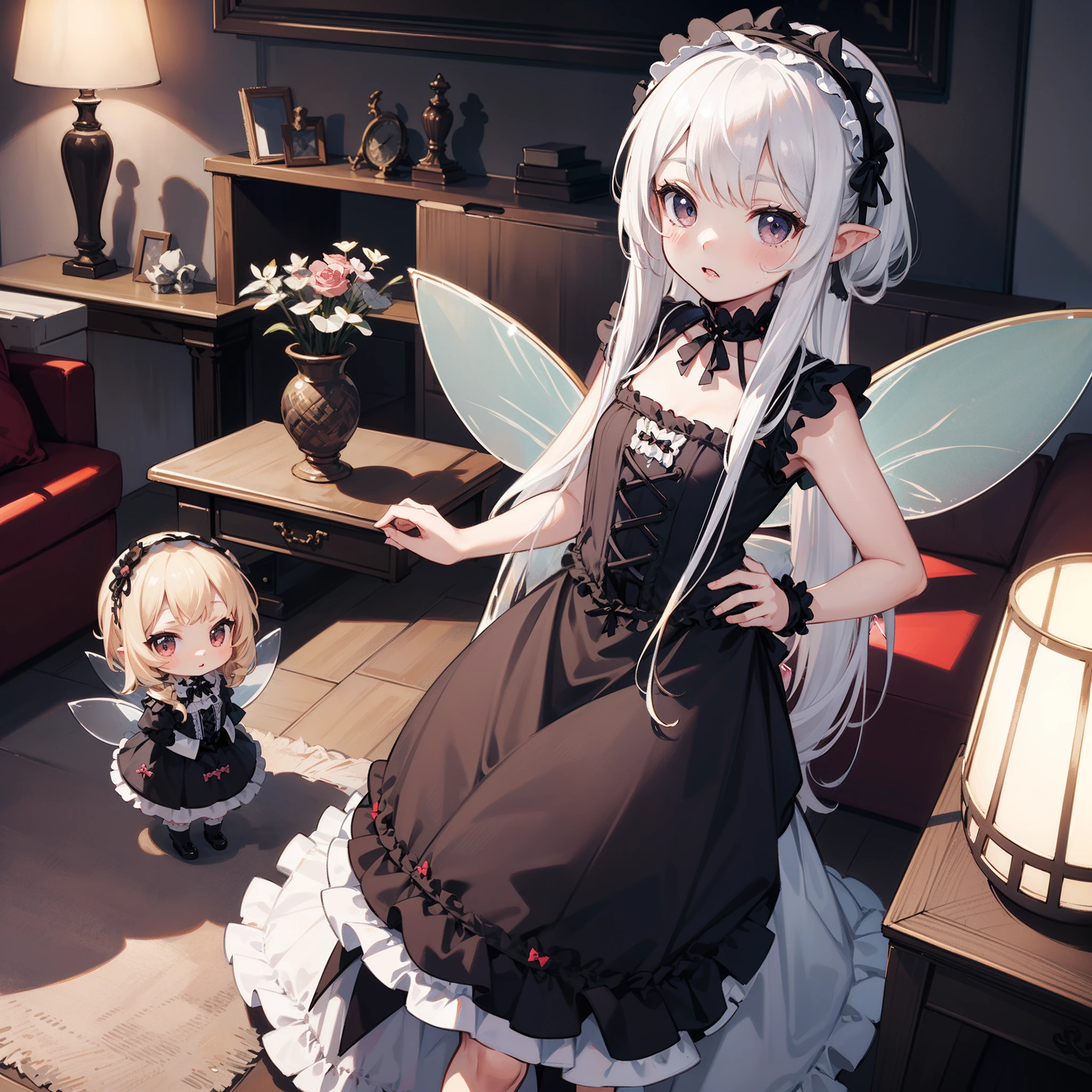 (Chibi:1.5),(very cute female child:1.6),(10 yo),action:1.6,barefoot,long hair,flat chest,wind,drooping sweat:1.5,BREAK (Gothic ta cloth:1.8),(Transparent fairy wings:1.6),BREAK dutch angle shot,dynamic angle:1.6,ground-level shot,low angle,full body shot,medium shot,BREAK (livingroom:1.5),Summer,day,BREAK (4K), (Raw photo: 1.2), (Realism: 1.4), (masutepiece: 1.3), (exquisite detailing: 1.2), Delicate and beautiful details, (Eye Detail), (Facial Detailed), (Highest Quality) :1.4), (Hyper-Resolution: 1.2),(very detailed illustration), Best Quality,depth of fields, Wide light, natural shadows
