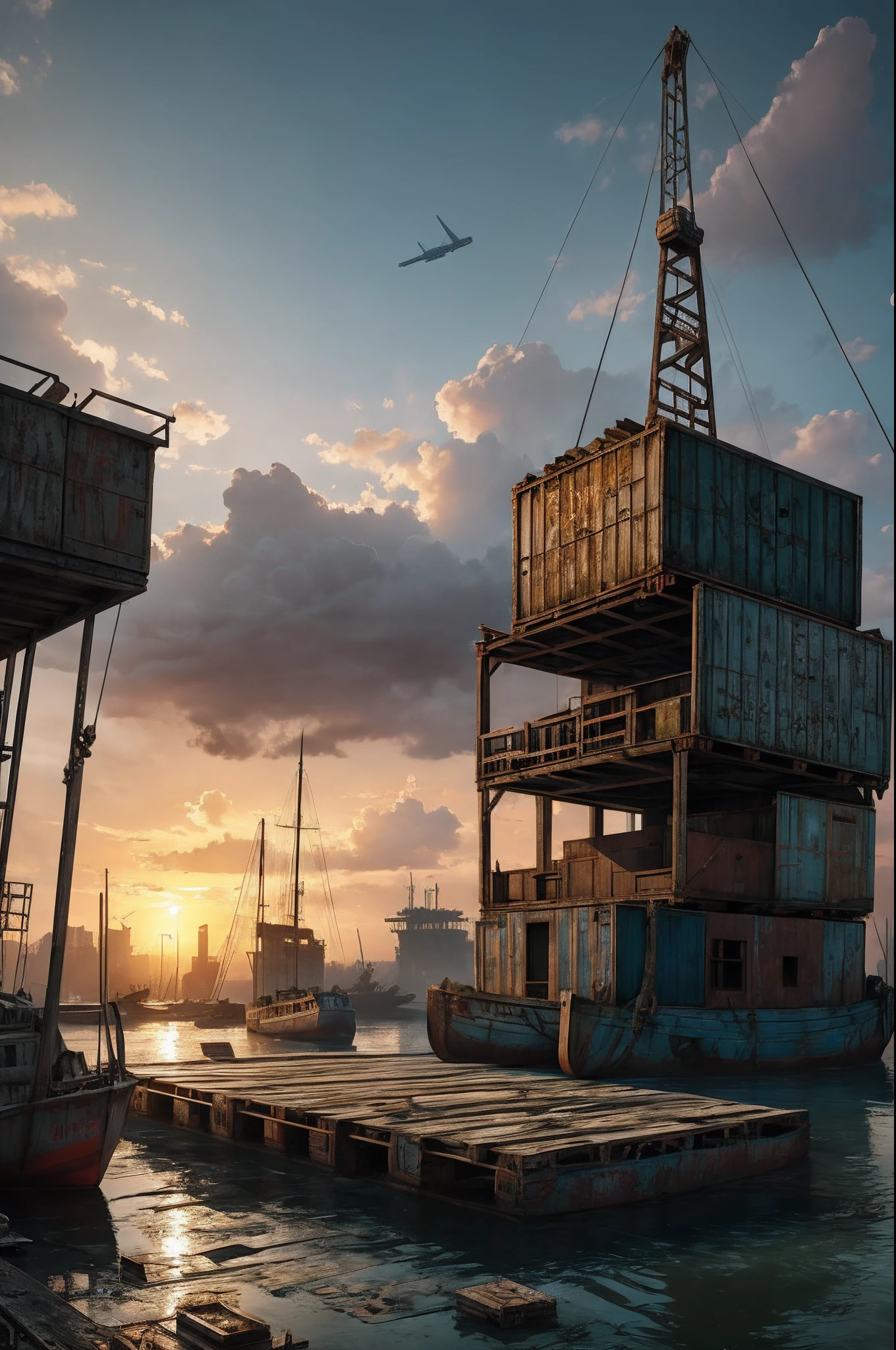 best quality, realistic, vray, hdr, on a post-apocalyptic harbor, rotting docks, rusting ships, broken warehouse crates, immobile crane., by Steve McCurry, Chern4byl enviroment